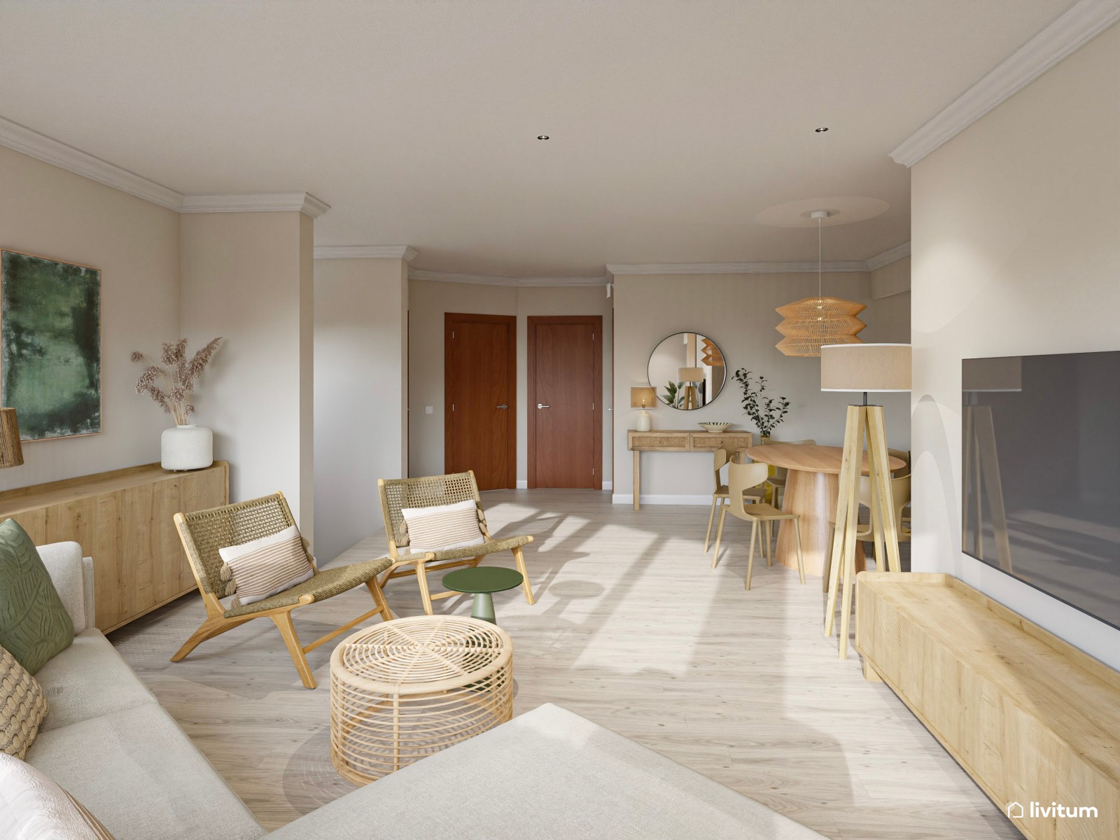 Salón comedor de estilo rústico moderno que combina madera + fibras naturales + verde