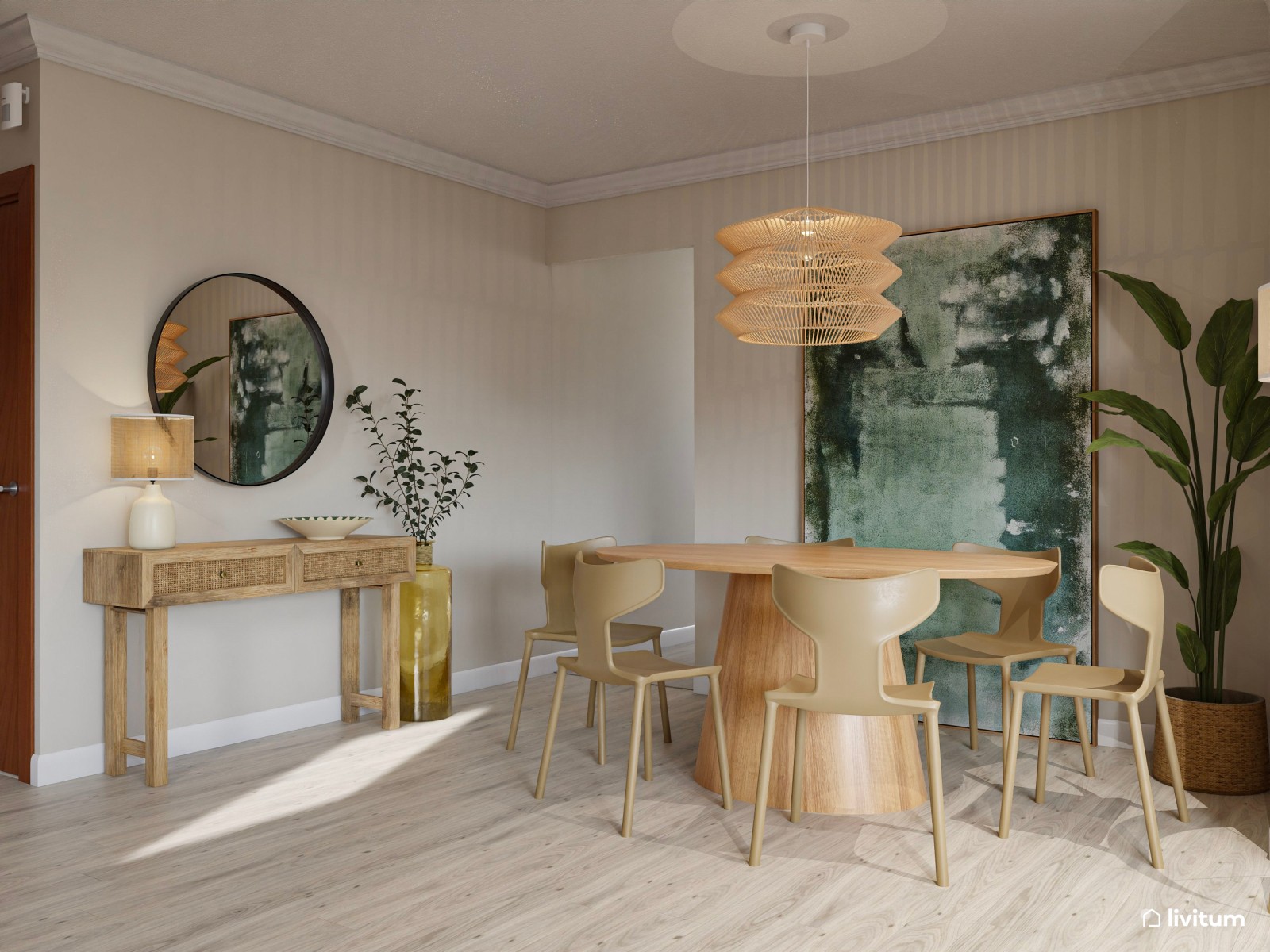 Salón comedor de estilo rústico moderno que combina madera + fibras naturales + verde