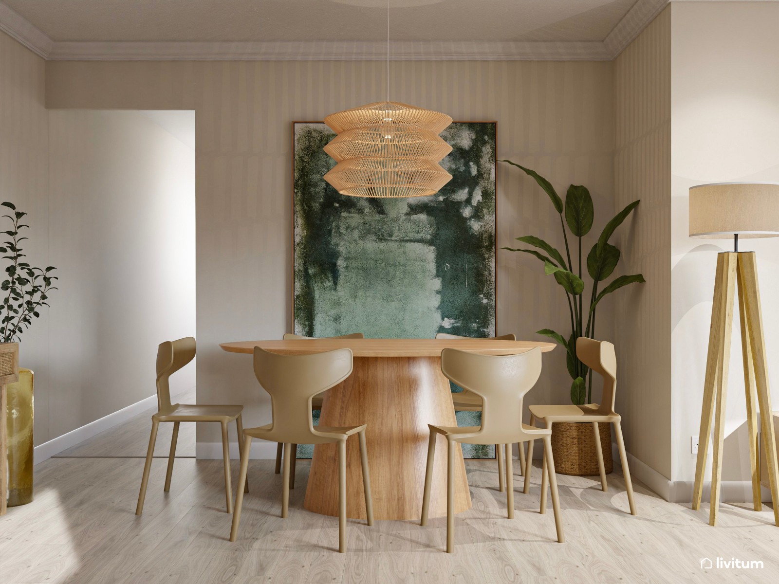 Salón comedor de estilo rústico moderno que combina madera + fibras naturales + verde