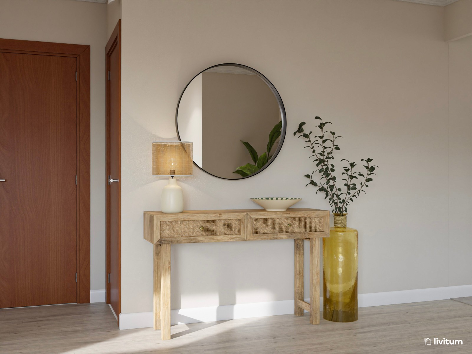 Salón comedor de estilo rústico moderno que combina madera + fibras naturales + verde