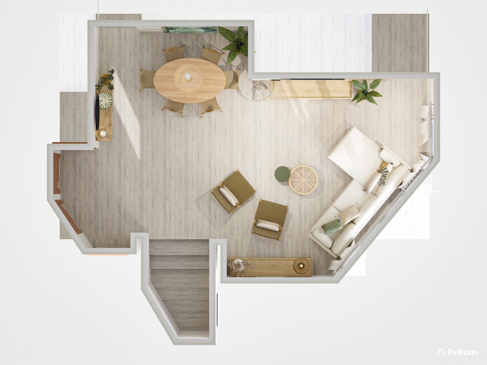 Salón comedor de estilo rústico moderno que combina madera + fibras naturales + verde