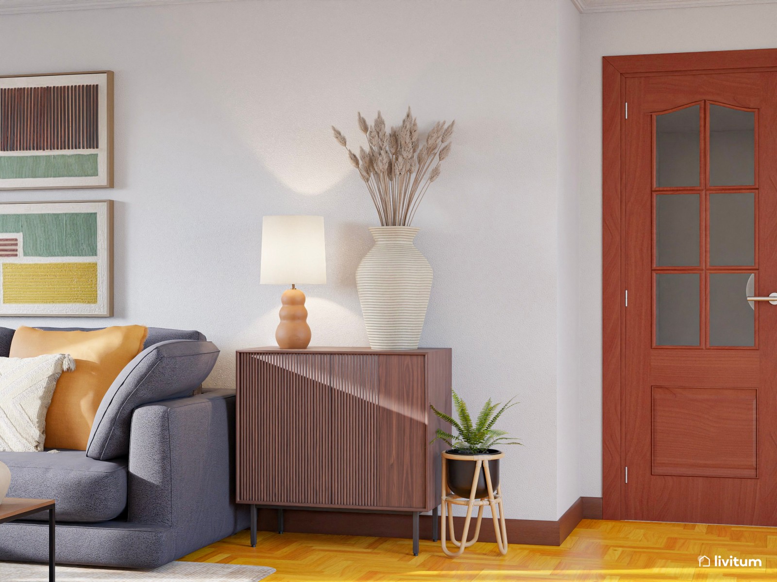 Salón comedor de estilo vintage con gran sofá con chaise longue azul