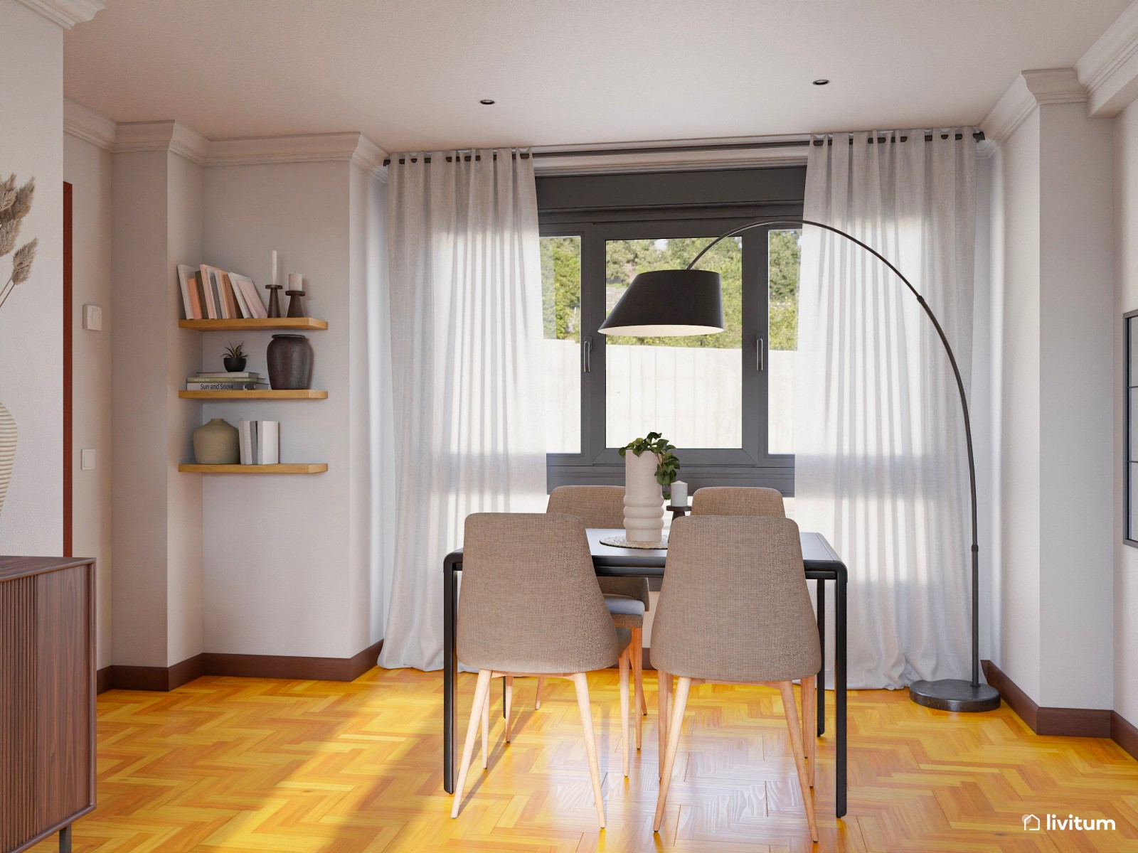 Salón comedor de estilo vintage con gran sofá con chaise longue azul
