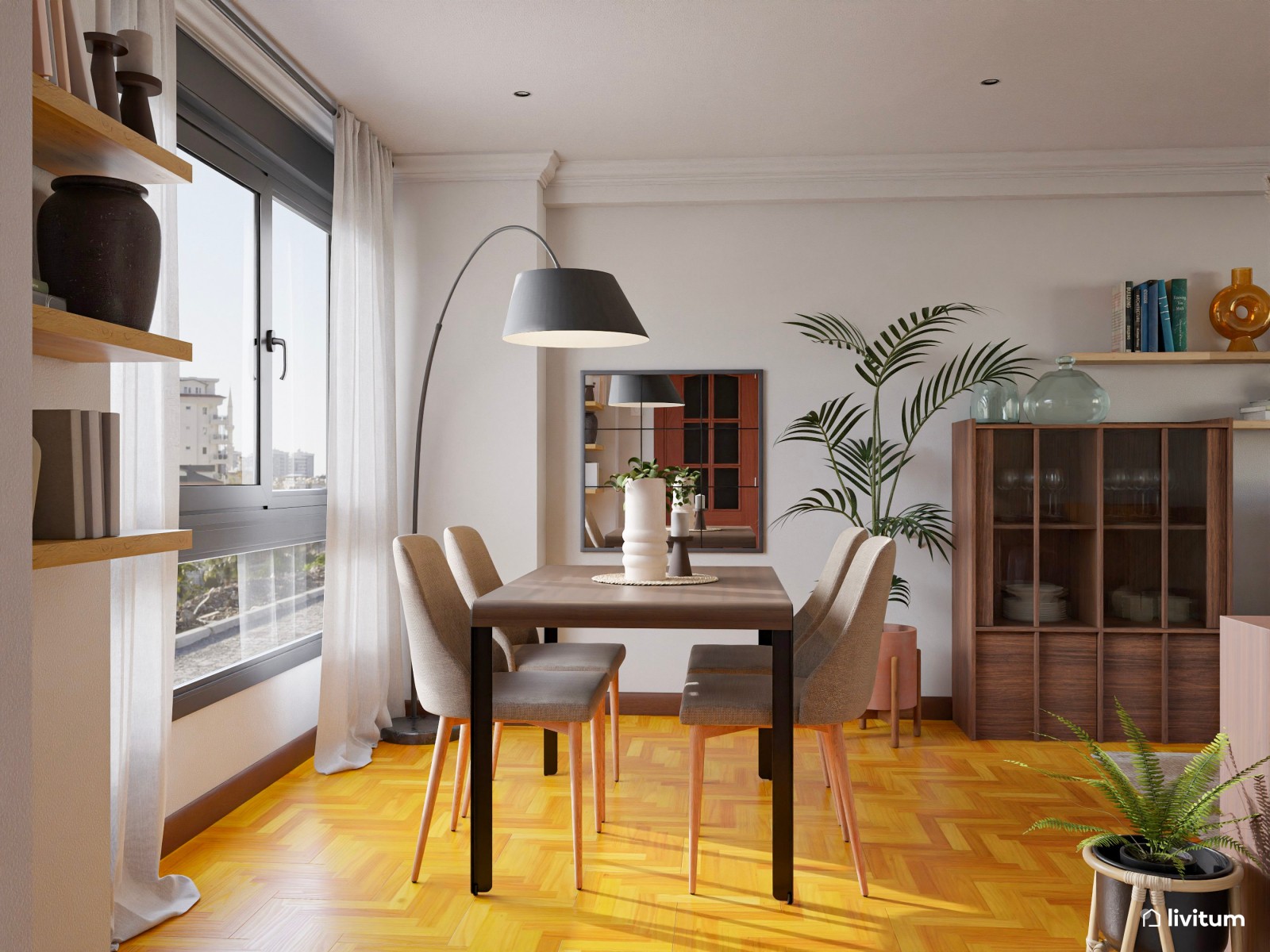 Salón comedor de estilo vintage con gran sofá con chaise longue azul