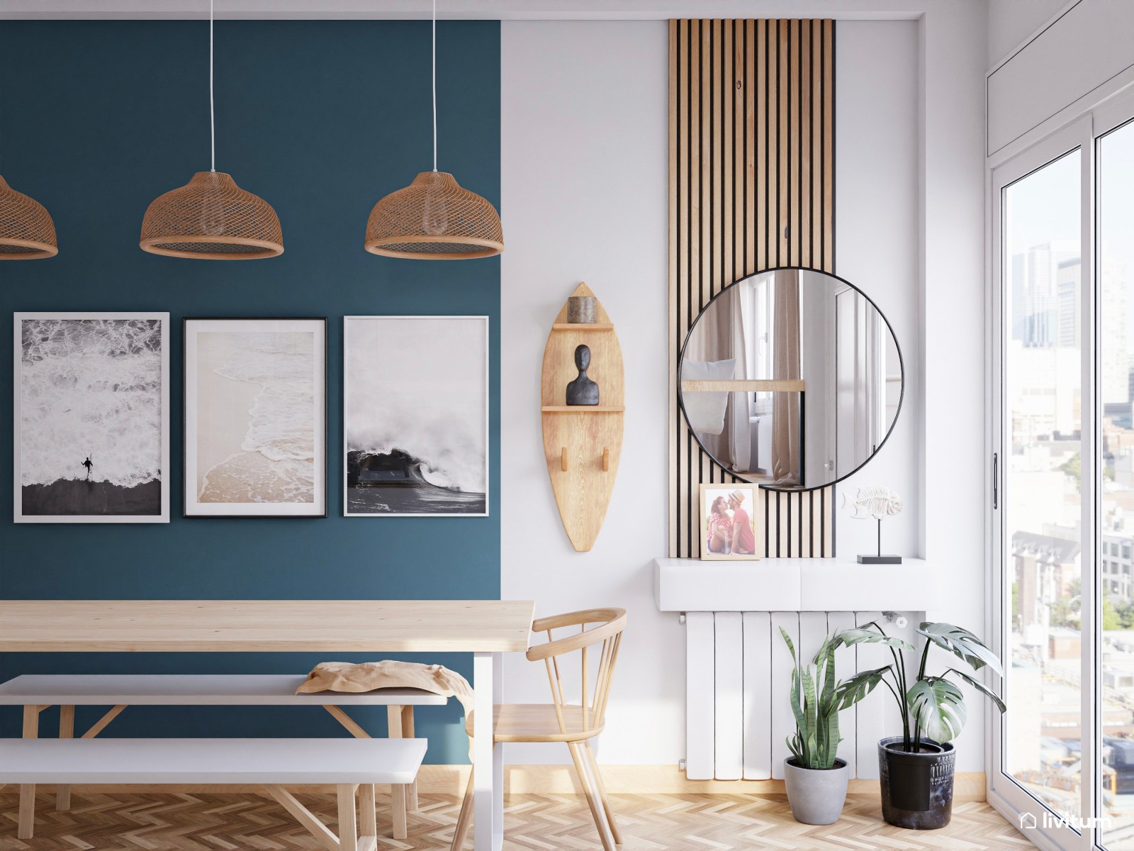 Salón comedor de inspiración surfera en azul y madera 