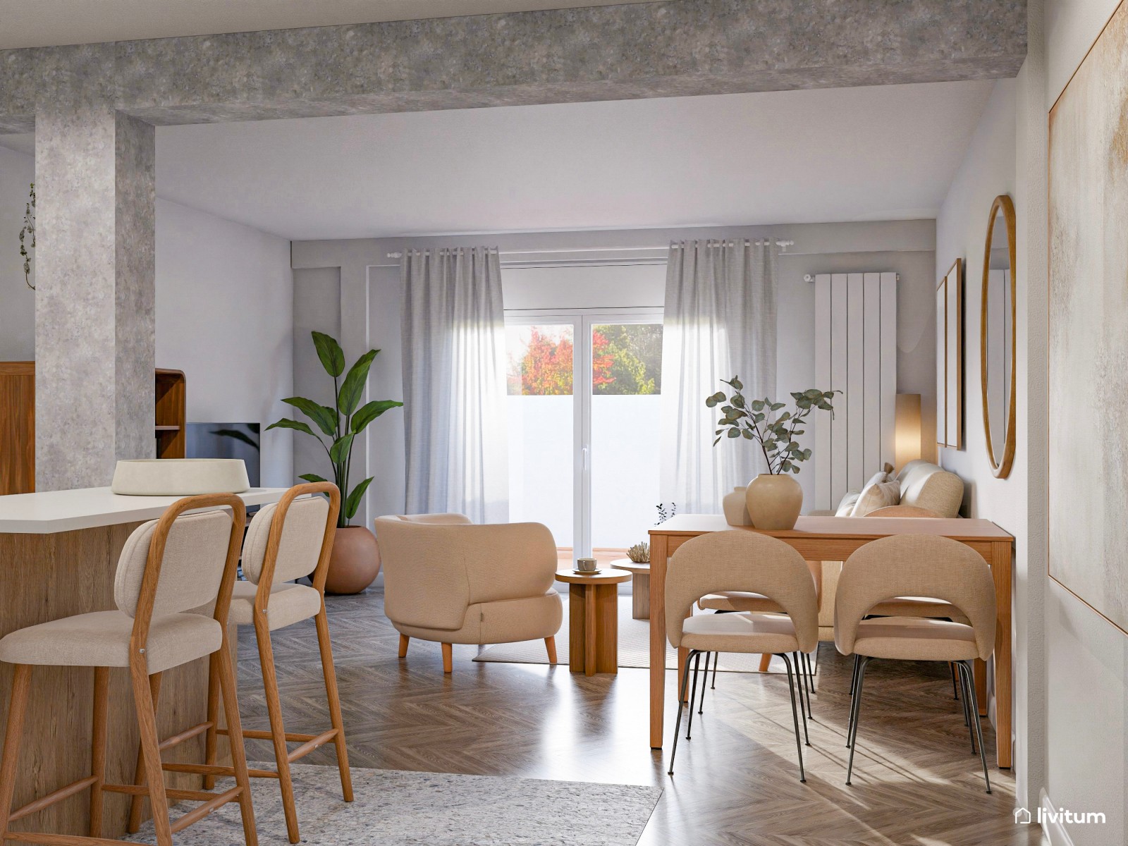 Salón comedor de líneas curvas con piezas en blanco y madera