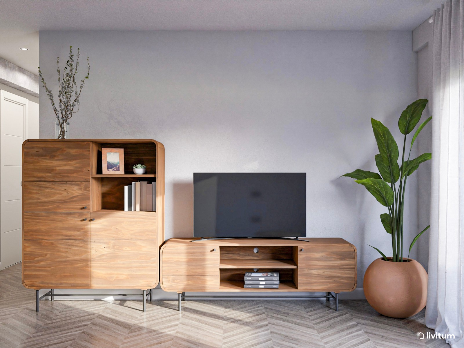 Salón comedor de líneas curvas con piezas en blanco y madera