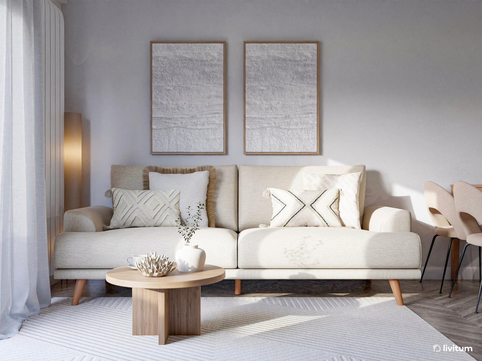 Salón comedor de líneas curvas con piezas en blanco y madera