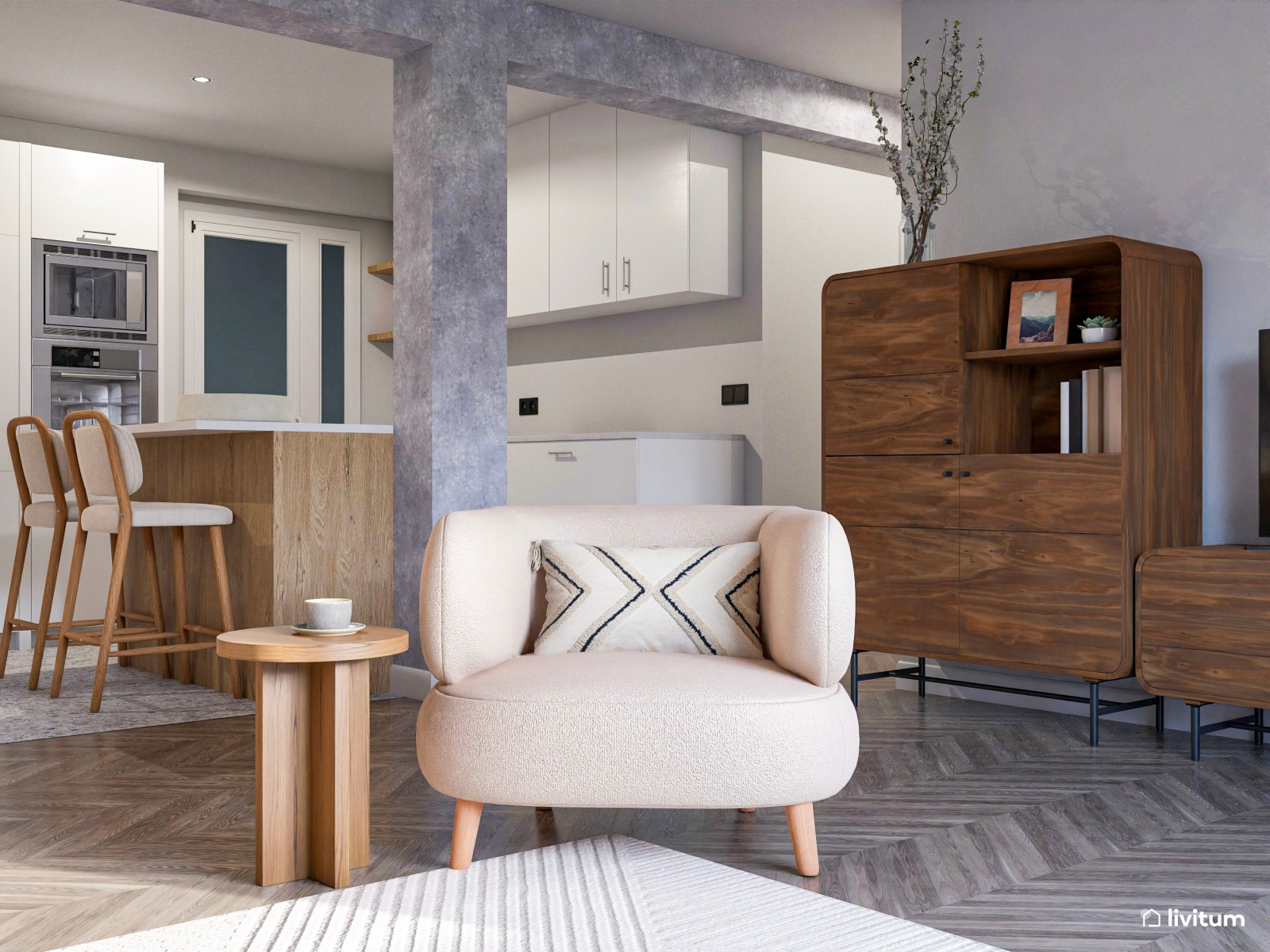 Salón comedor de líneas curvas con piezas en blanco y madera