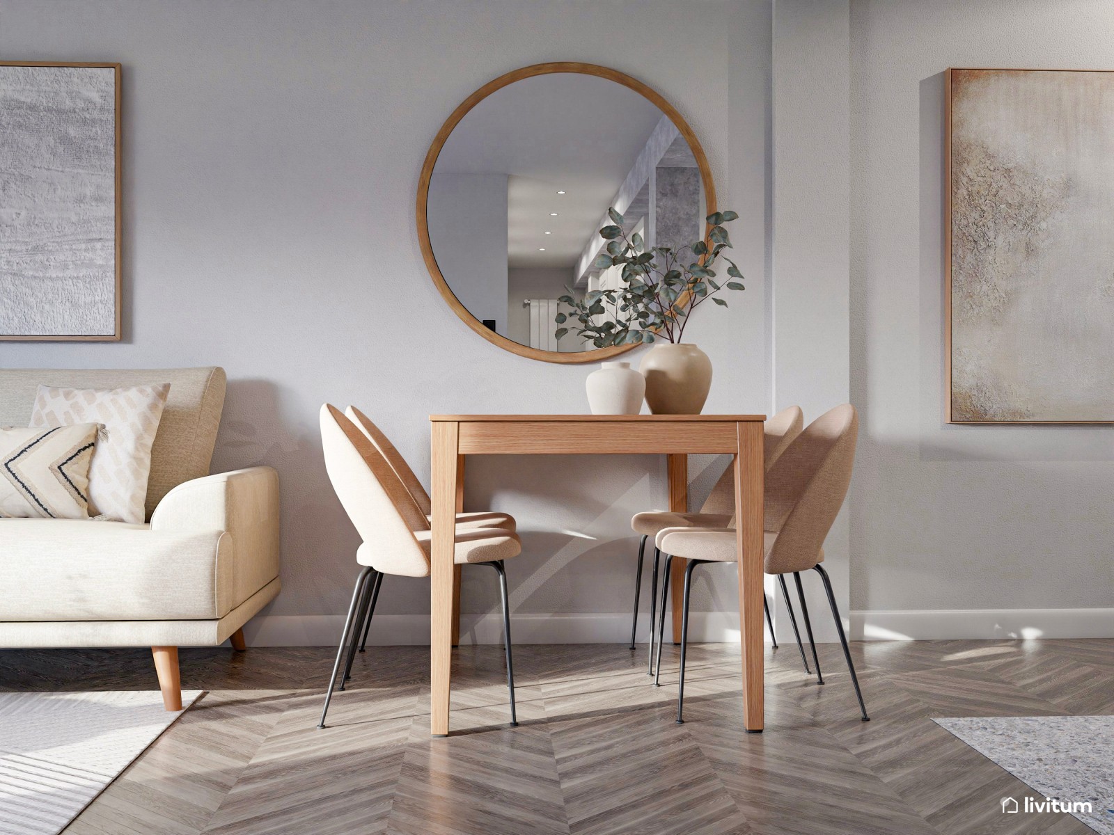 Salón comedor de líneas curvas con piezas en blanco y madera