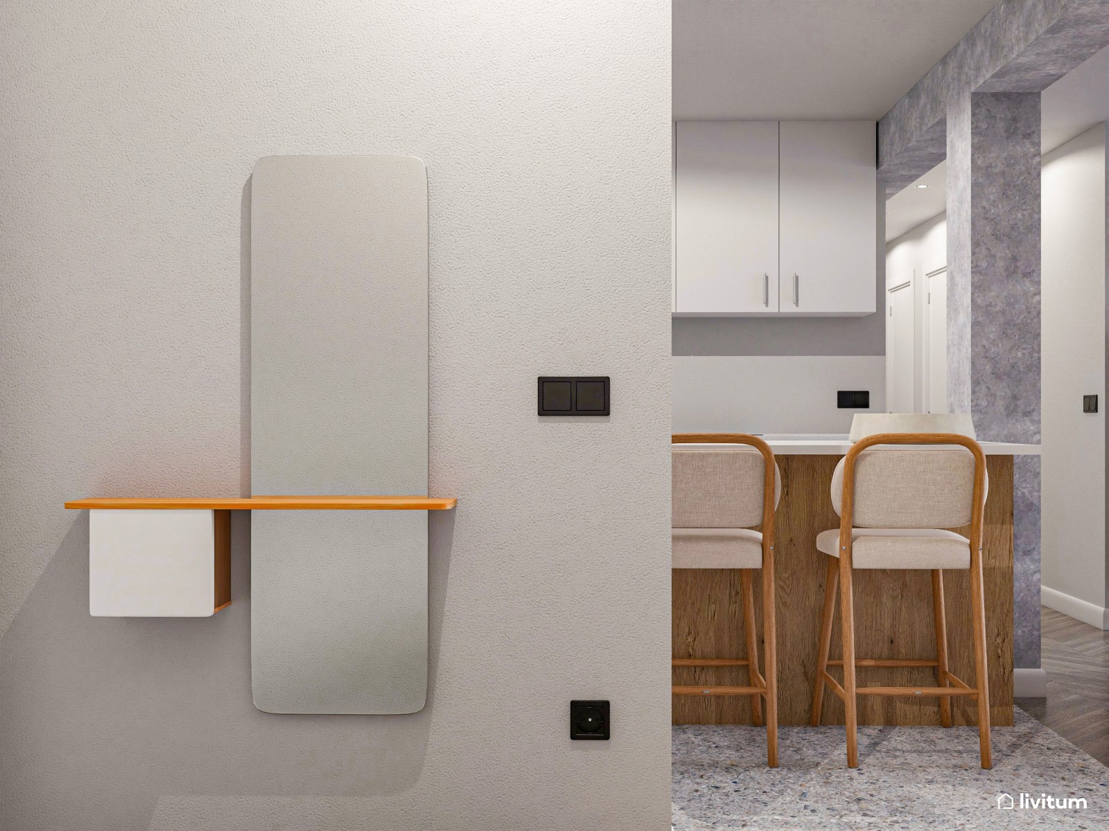 Salón comedor de líneas curvas con piezas en blanco y madera