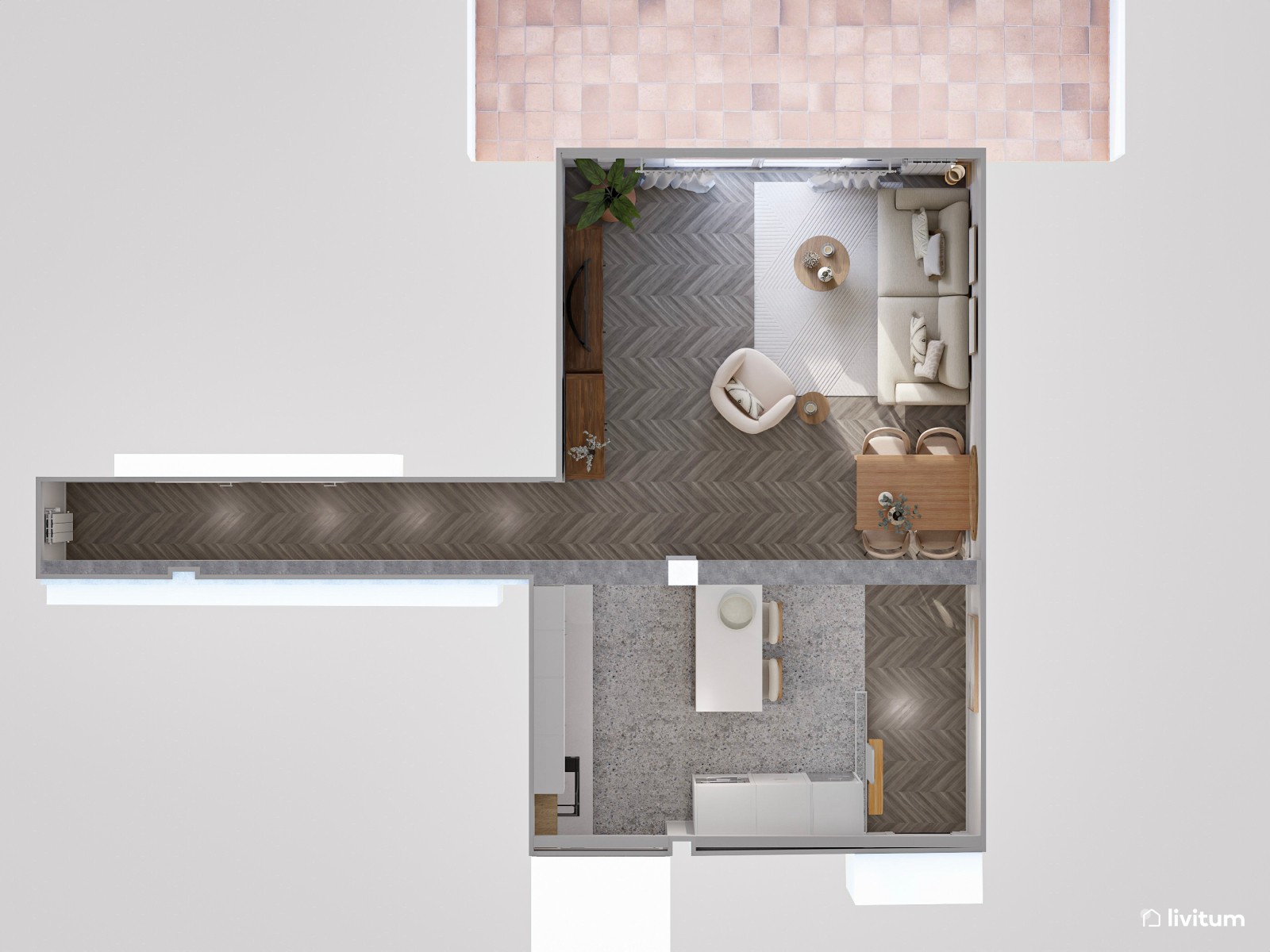 Salón comedor de líneas curvas con piezas en blanco y madera