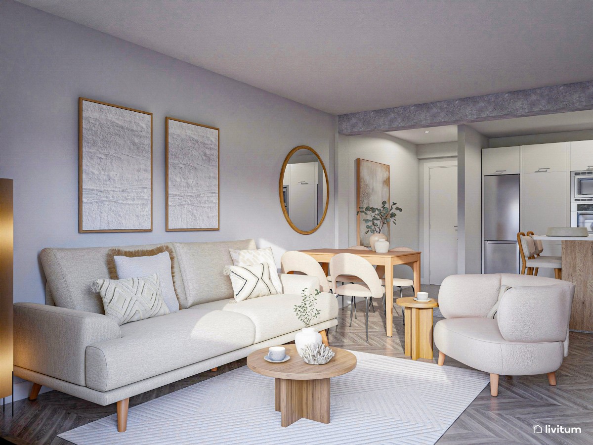 Salón comedor de líneas curvas con piezas en blanco y madera