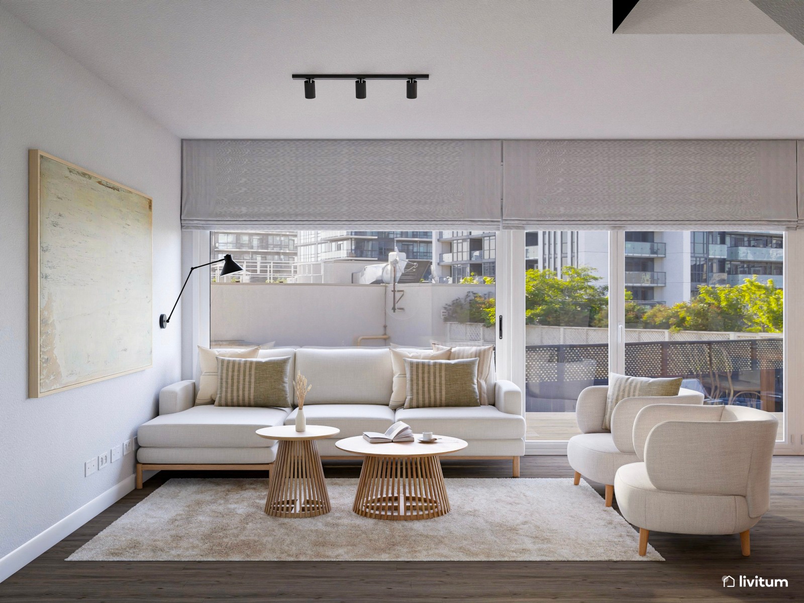  Salón comedor de líneas suaves, madera y fibras naturales