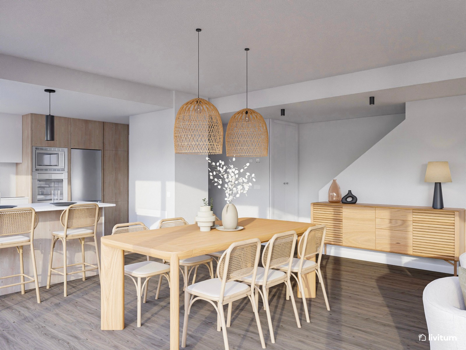  Salón comedor de líneas suaves y muebles tejidos