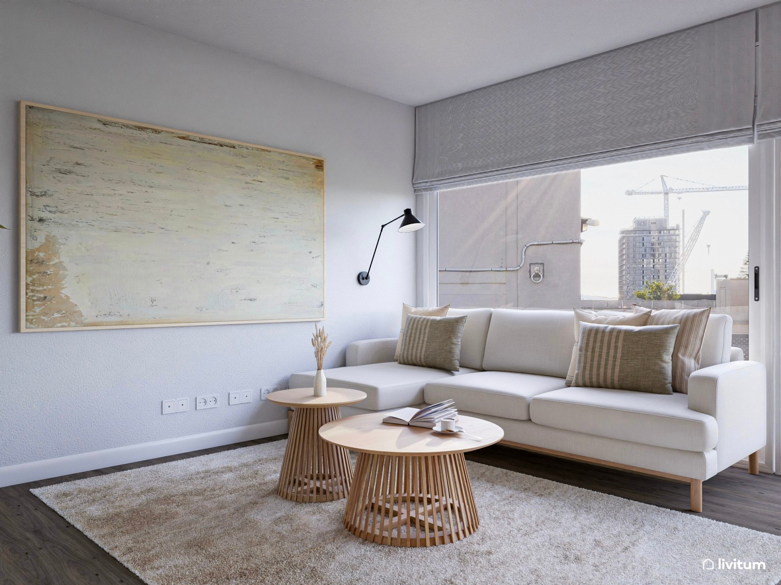  Salón comedor de líneas suaves y muebles tejidos