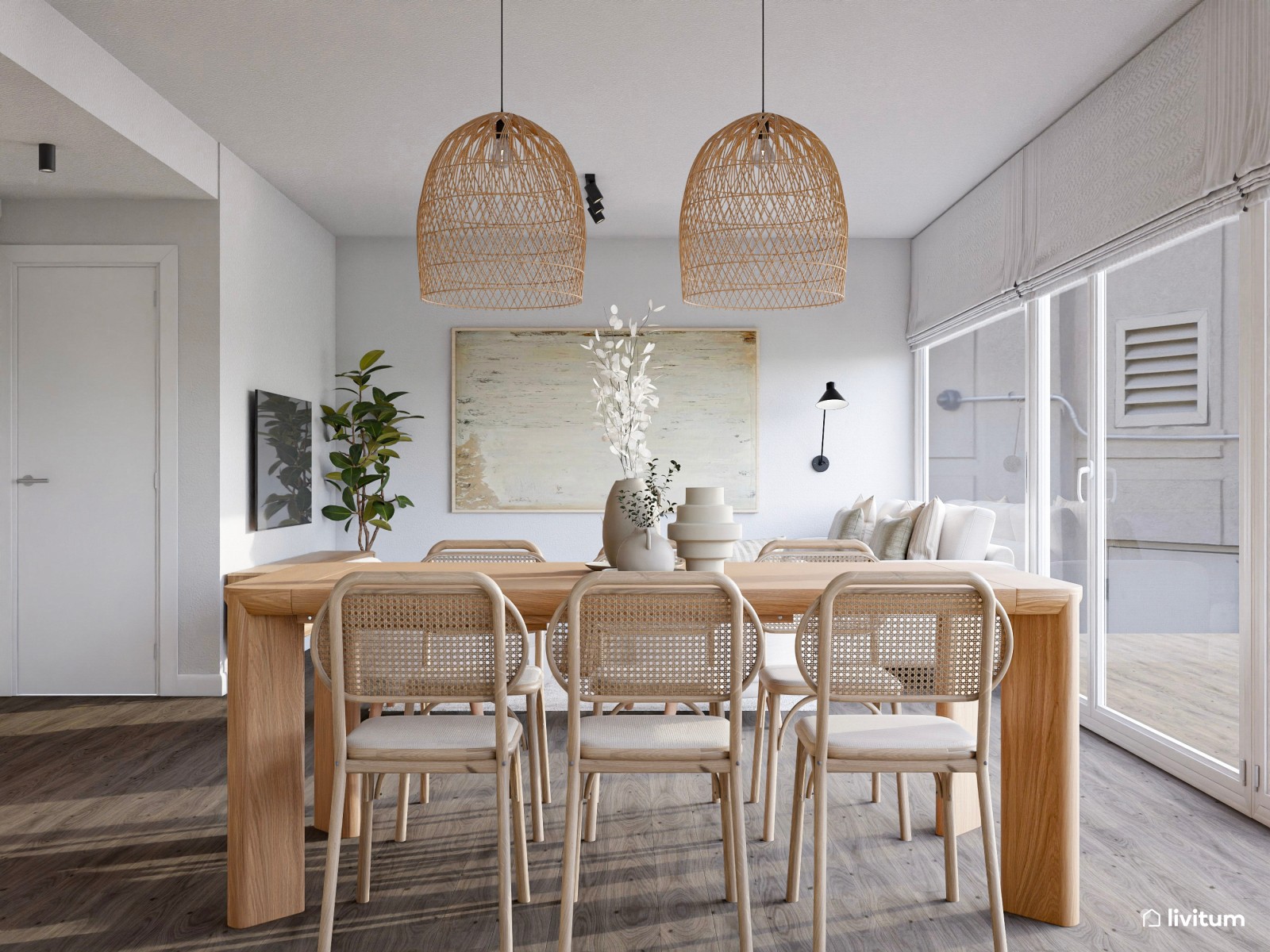  Salón comedor de líneas suaves y muebles tejidos