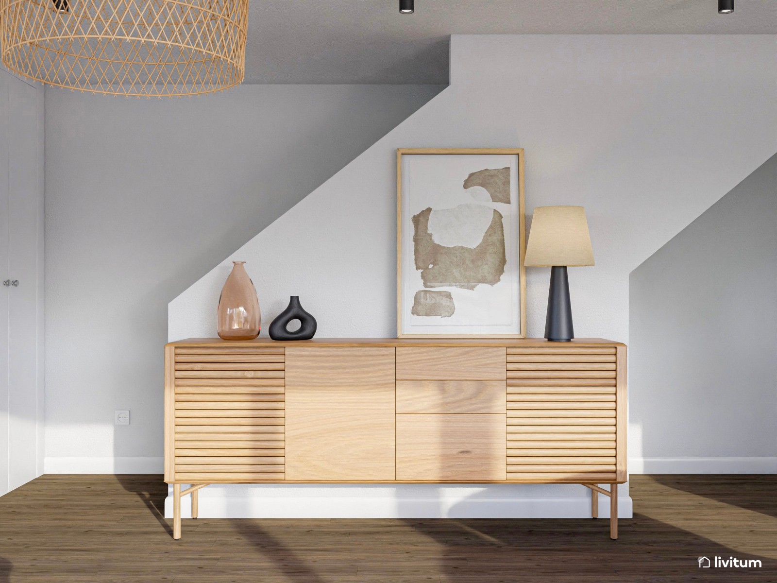  Salón comedor de líneas suaves y muebles tejidos