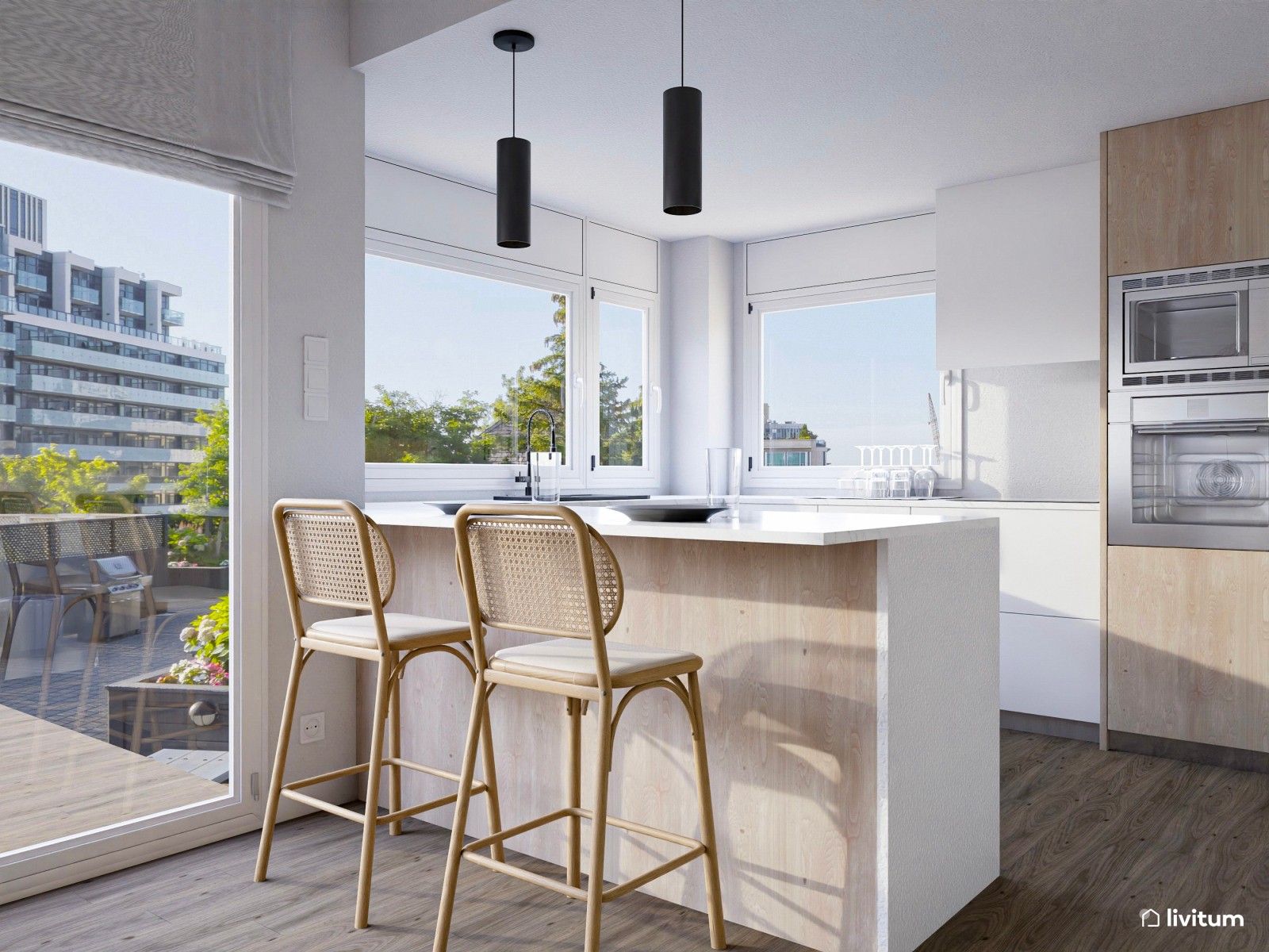  Salón comedor de líneas suaves y muebles tejidos