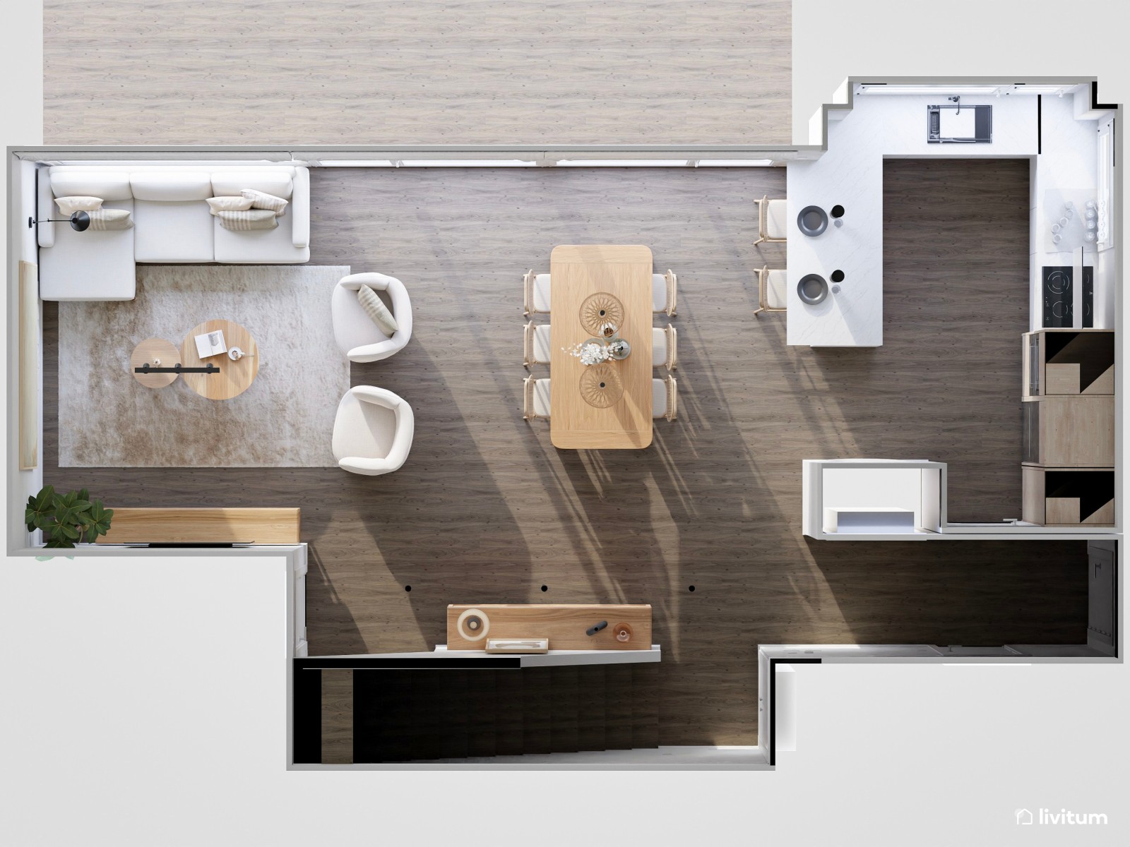  Salón comedor de líneas suaves y muebles tejidos