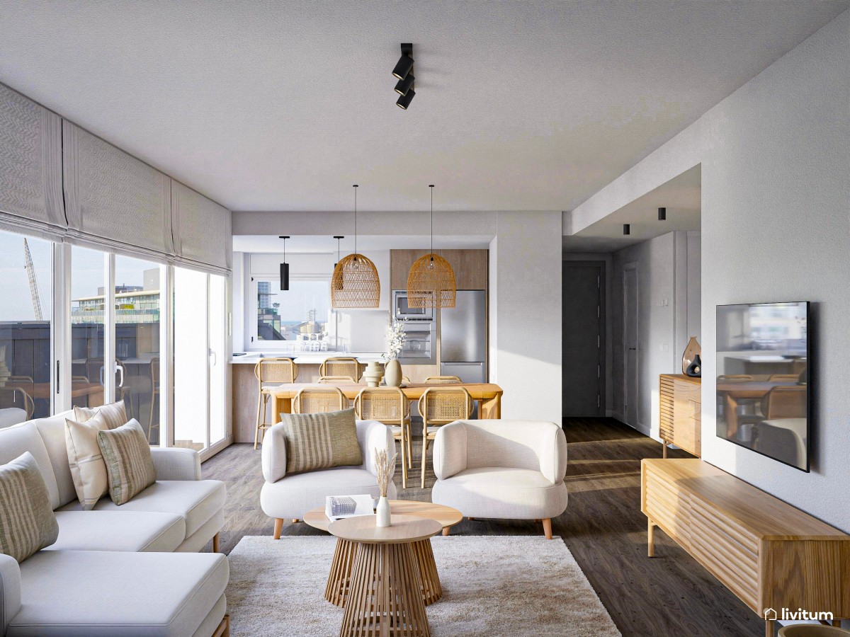 Salón comedor de líneas suaves y muebles tejidos