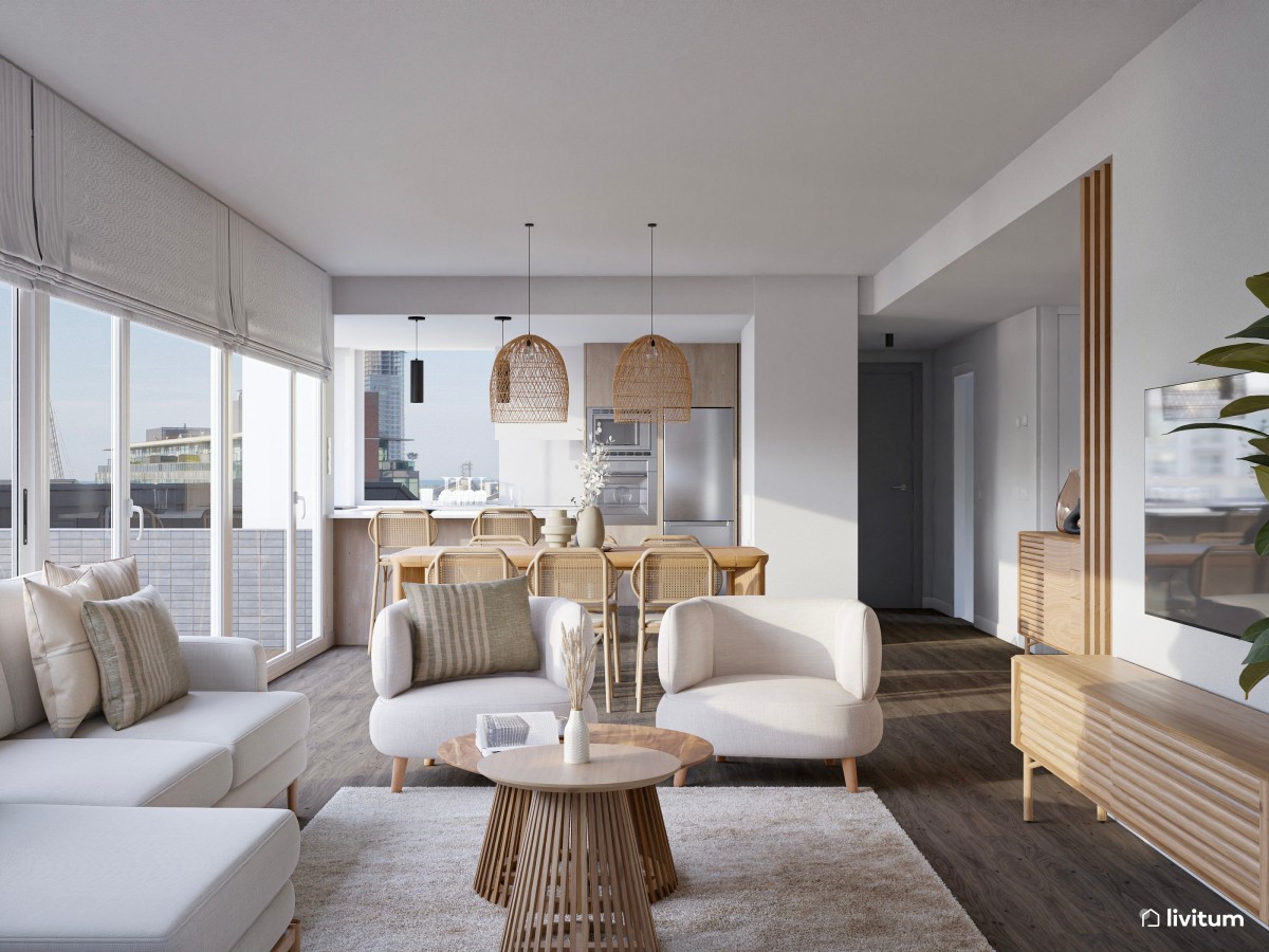 Salón comedor de líneas suaves y muebles tejidos