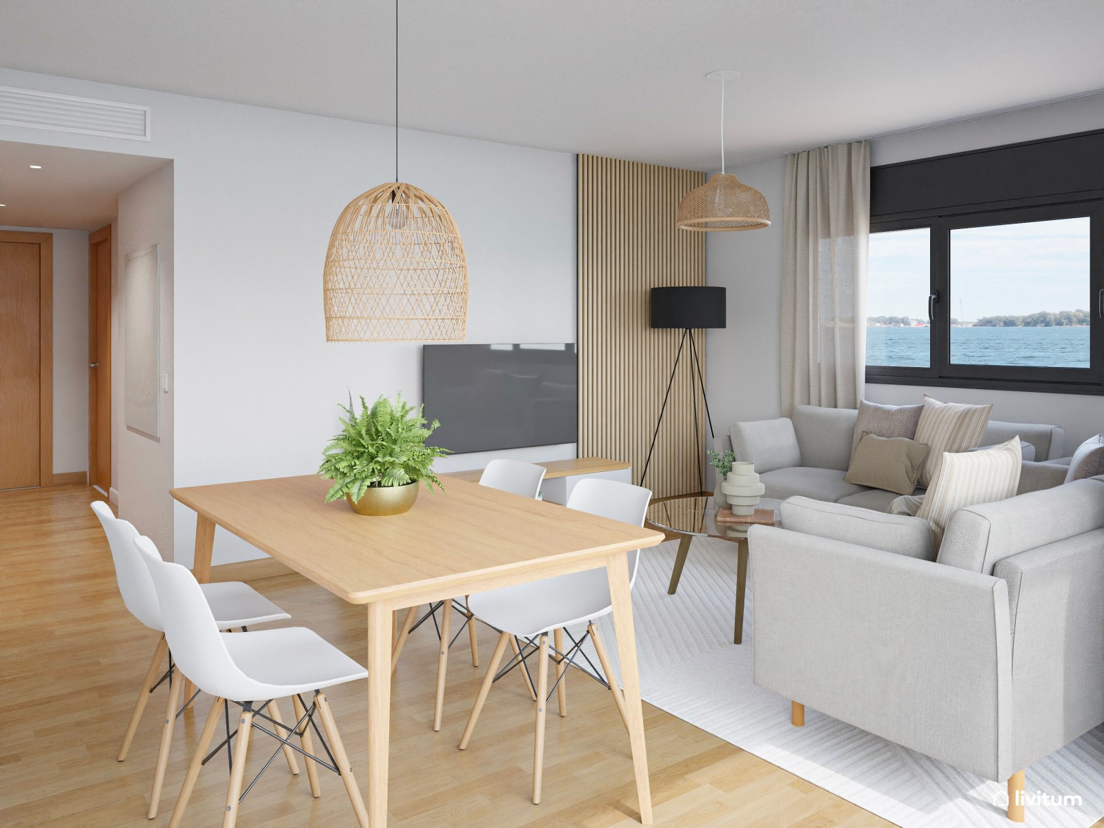 Salón comedor de piso en alquiler, de estilo nórdico con detalles en fibras naturales