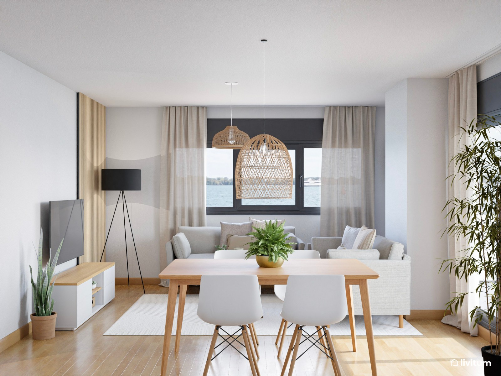 Salón comedor de piso en alquiler, de estilo nórdico con detalles en fibras naturales