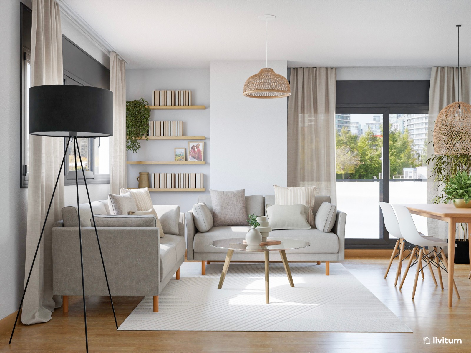 Salón comedor de piso en alquiler, de estilo nórdico con detalles en fibras naturales