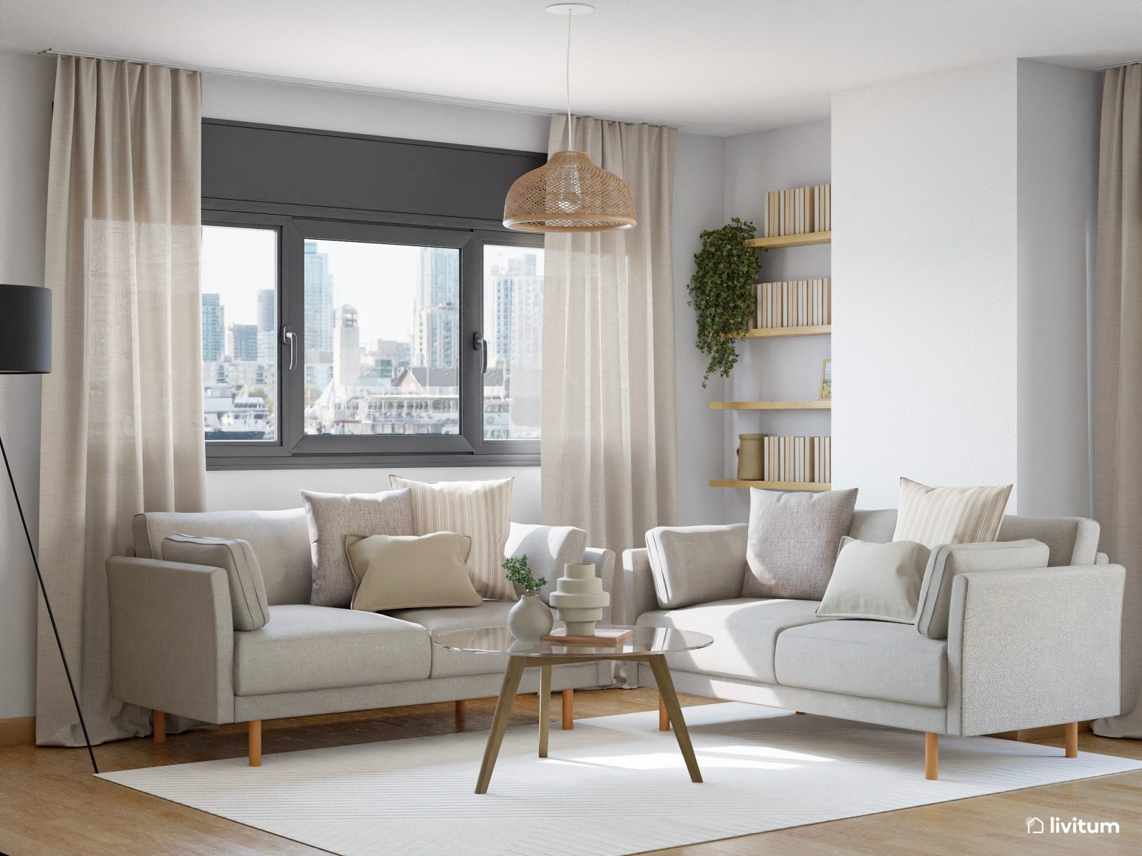 Salón comedor de piso en alquiler, de estilo nórdico con detalles en fibras naturales