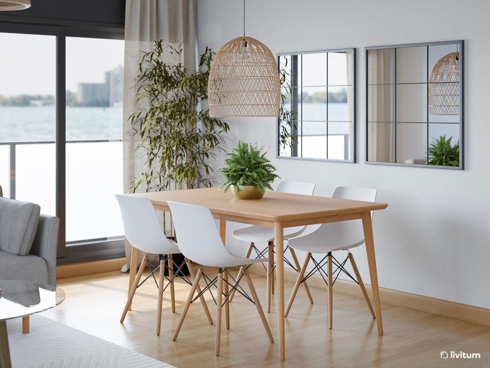 Salón comedor de piso en alquiler, de estilo nórdico con detalles en fibras naturales
