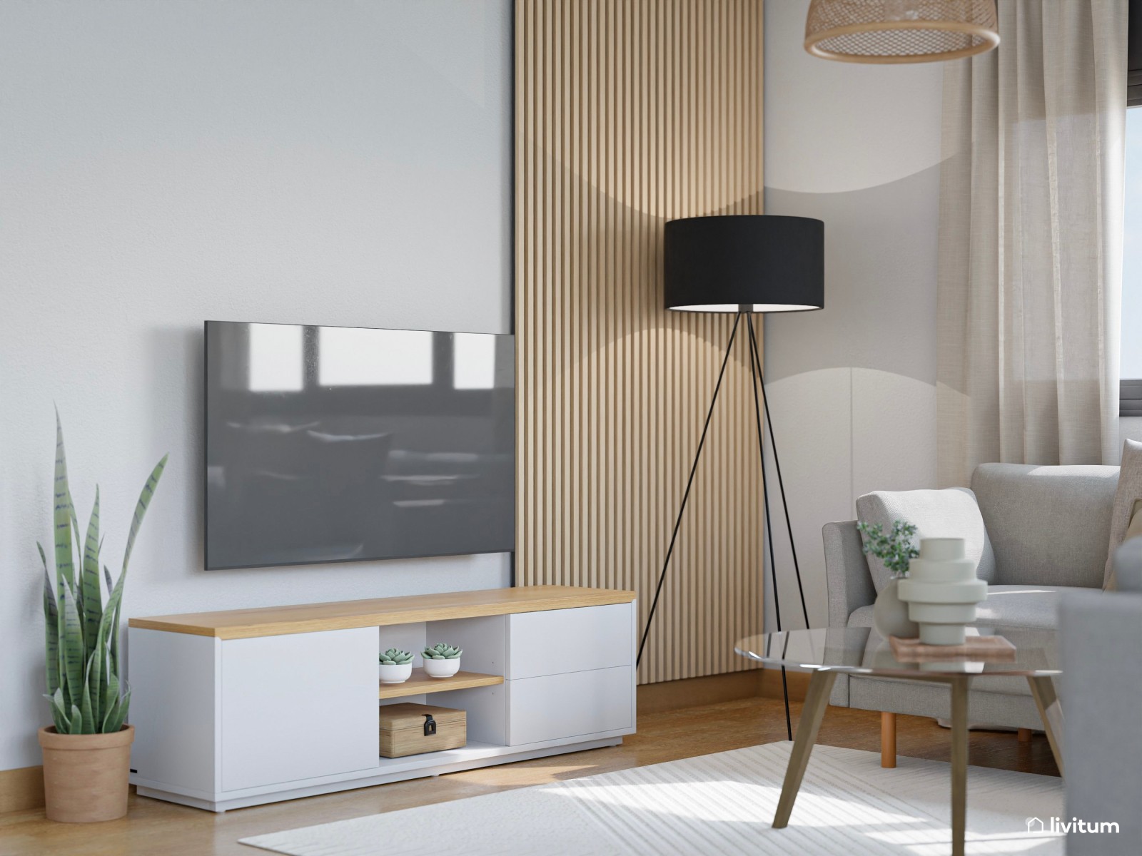 Salón comedor de piso en alquiler, de estilo nórdico con detalles en fibras naturales