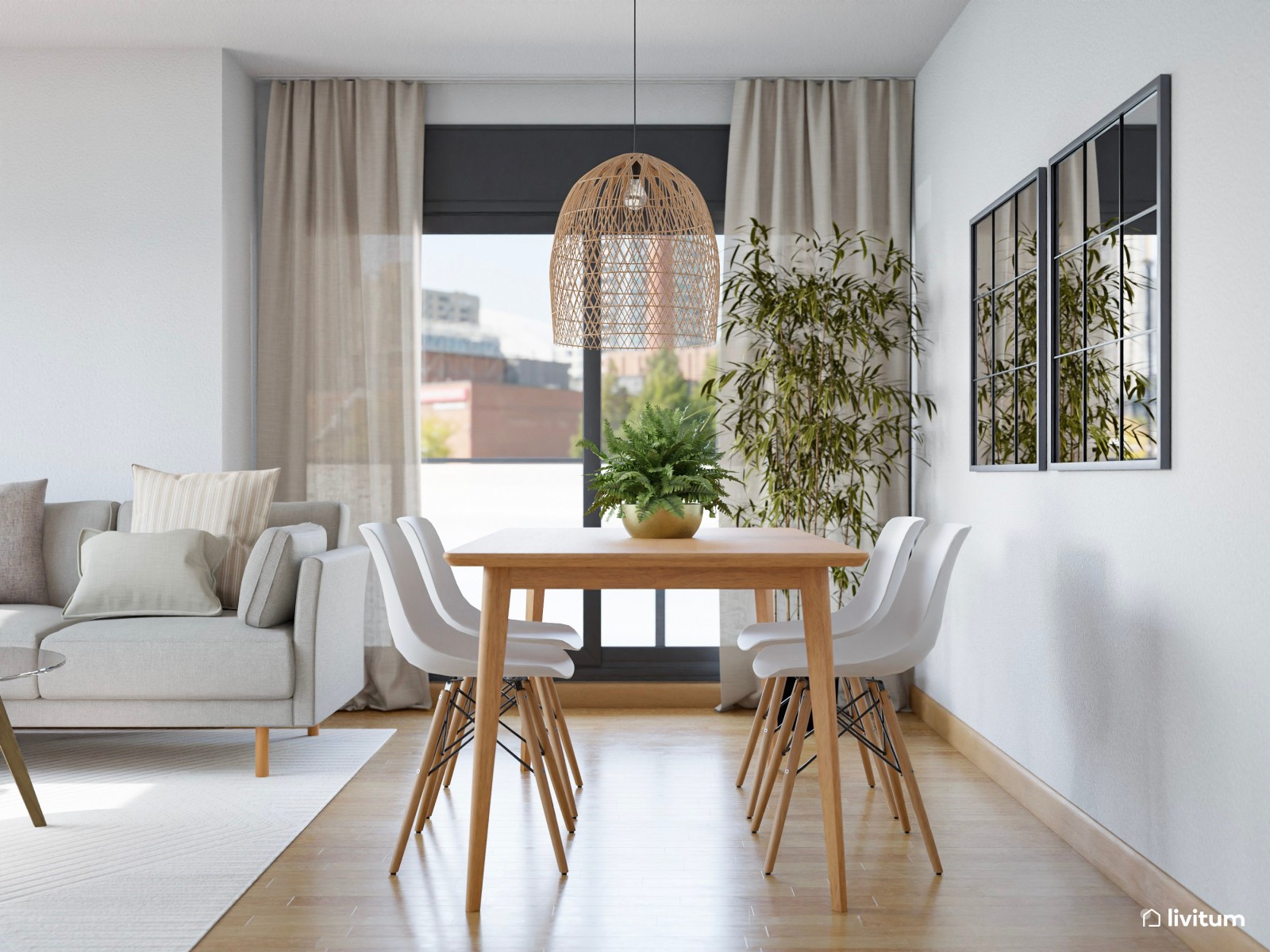 Salón comedor de piso en alquiler, de estilo nórdico con detalles en fibras naturales