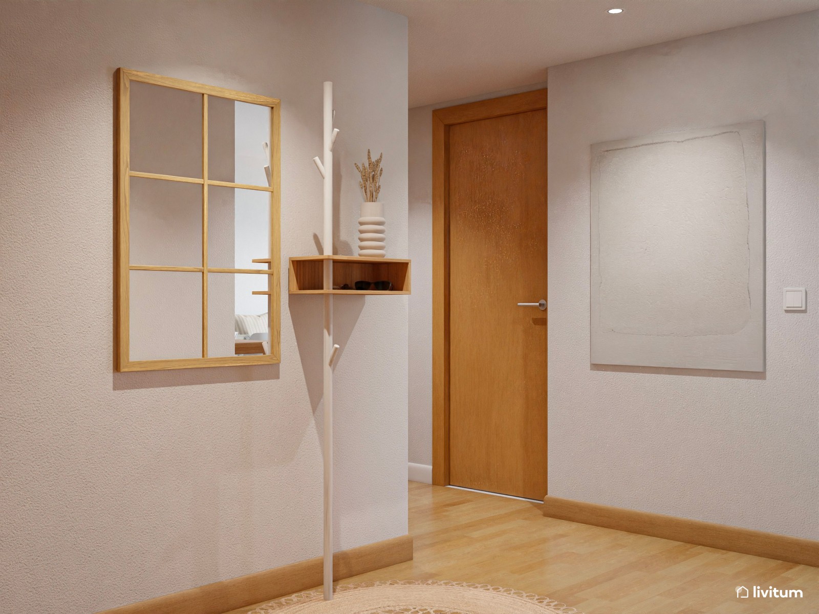 Salón comedor de piso en alquiler, de estilo nórdico con detalles en fibras naturales