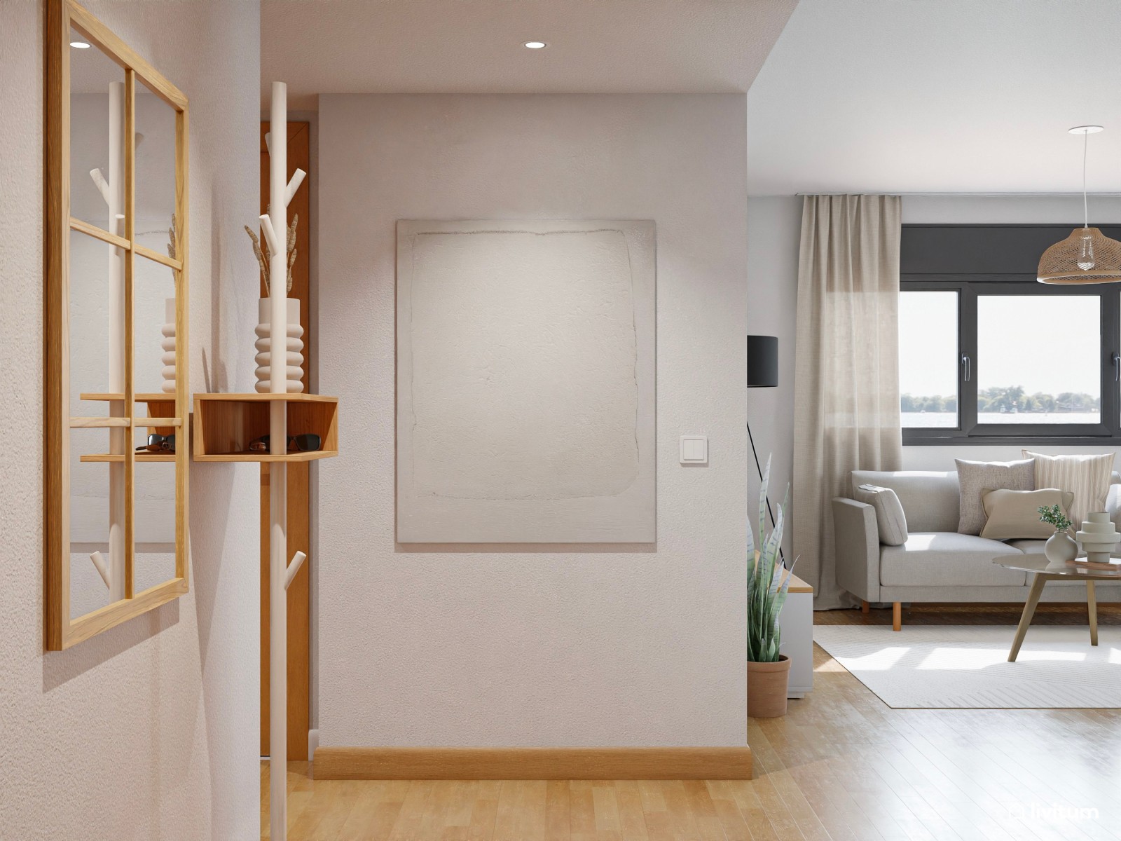 Salón comedor de piso en alquiler, de estilo nórdico con detalles en fibras naturales