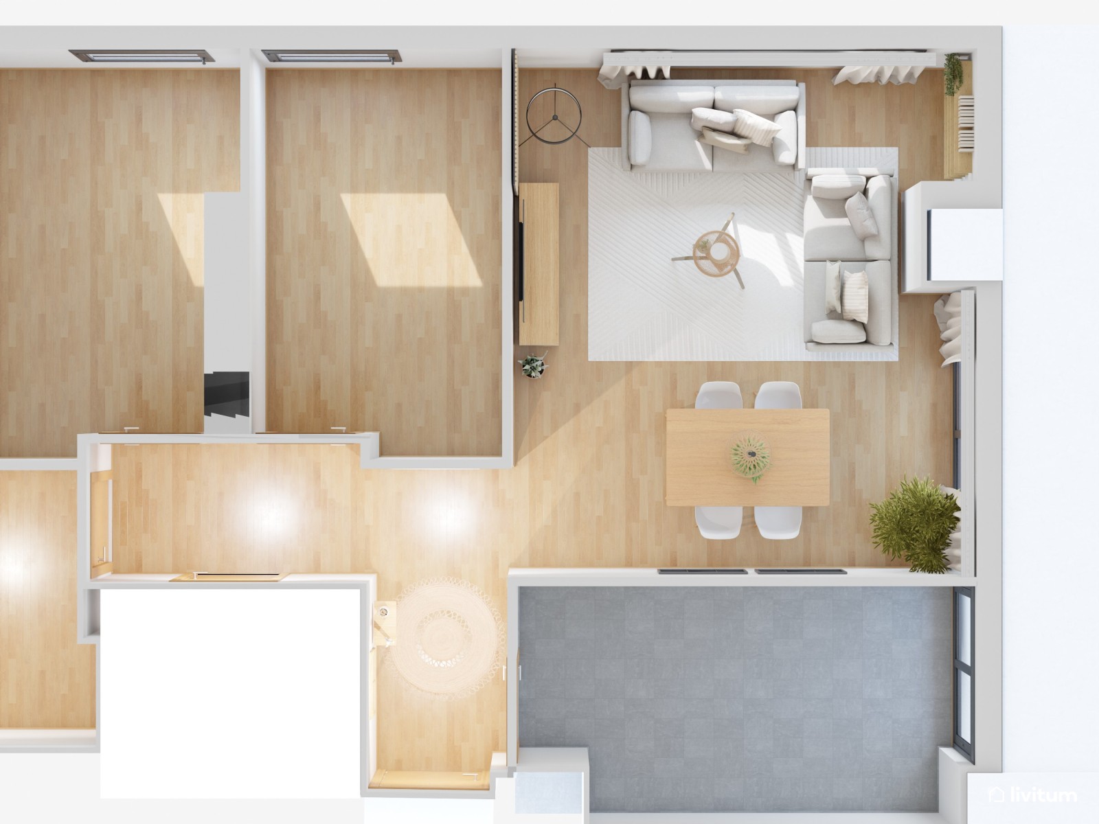 Salón comedor de piso en alquiler, de estilo nórdico con detalles en fibras naturales