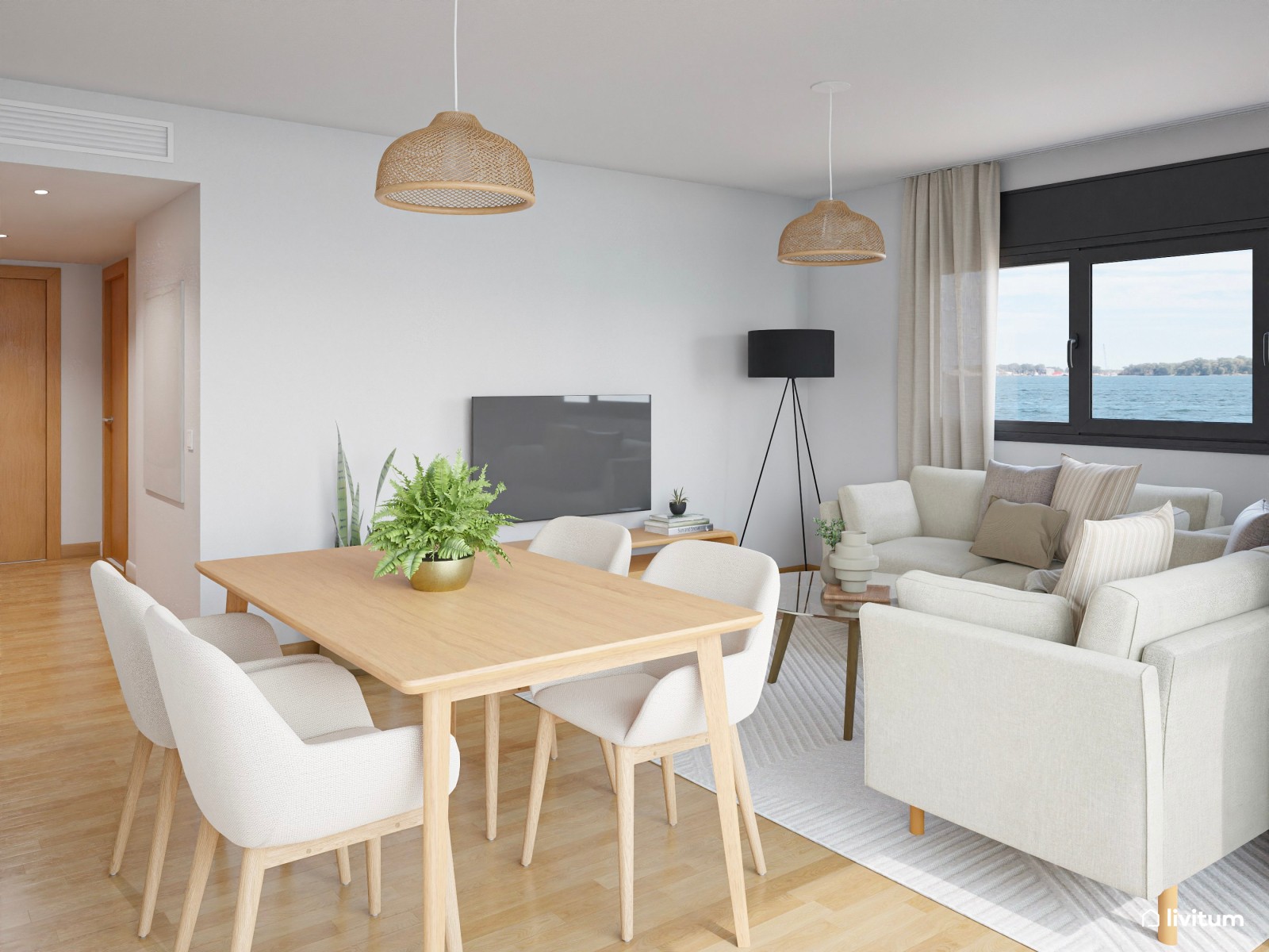 Salón comedor de piso en alquiler, de estilo nórdico con detalles en fibras naturales