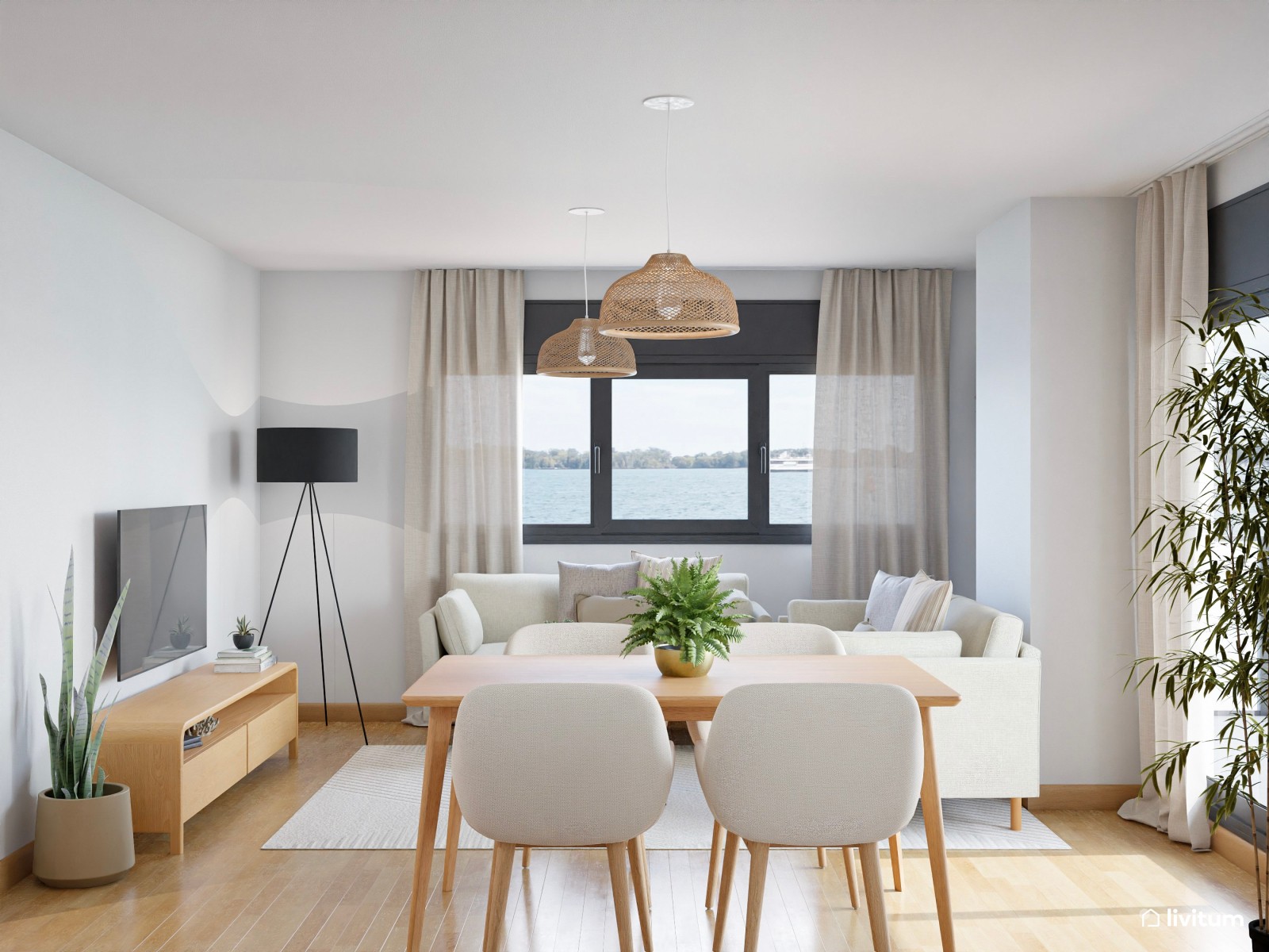 Salón comedor de piso en alquiler, de estilo nórdico con detalles en fibras naturales
