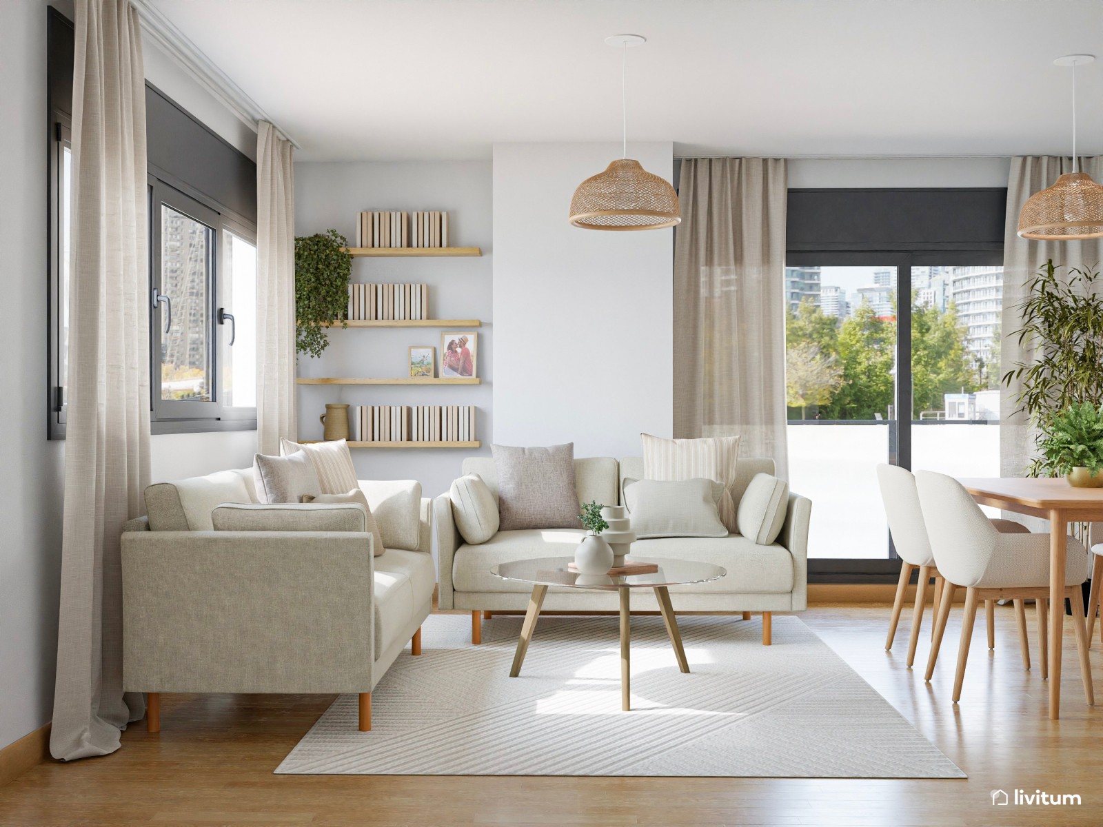 Salón comedor de piso en alquiler, de estilo nórdico con detalles en fibras naturales