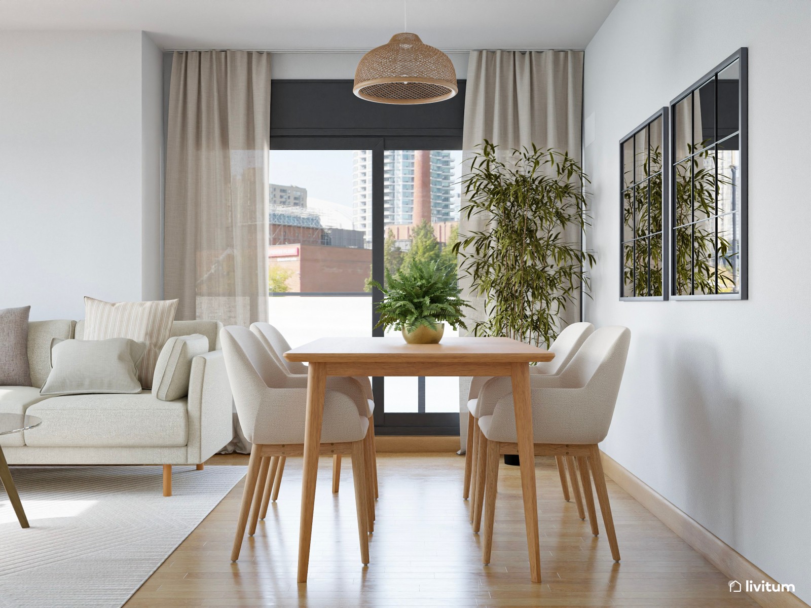 Salón comedor de piso en alquiler, de estilo nórdico con detalles en fibras naturales