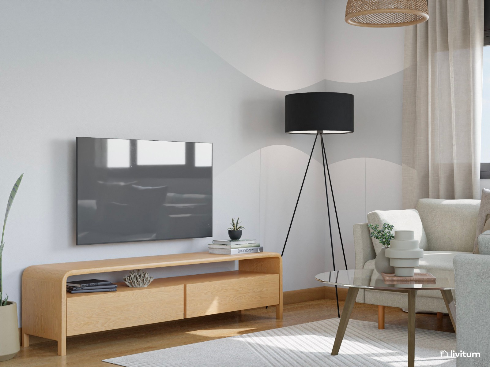 Salón comedor de piso en alquiler, de estilo nórdico con detalles en fibras naturales