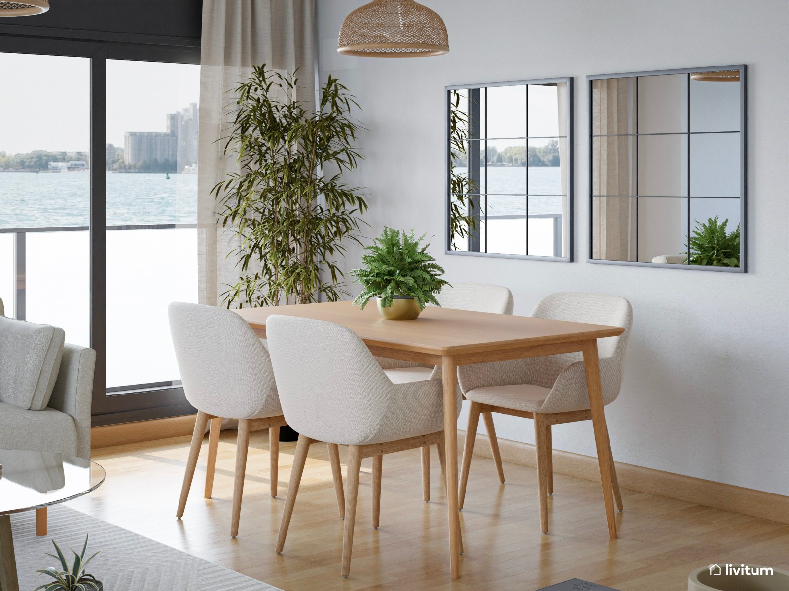 Salón comedor de piso en alquiler, de estilo nórdico con detalles en fibras naturales
