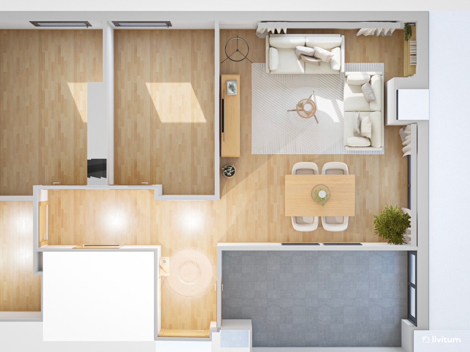Salón comedor de piso en alquiler, de estilo nórdico con detalles en fibras naturales