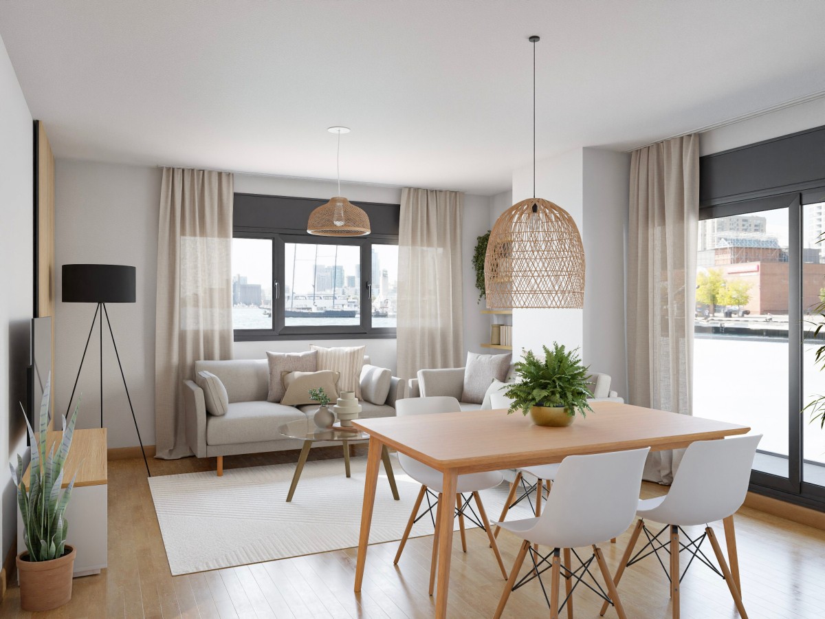 Salón comedor de piso en alquiler, de estilo nórdico con detalles en fibras naturales