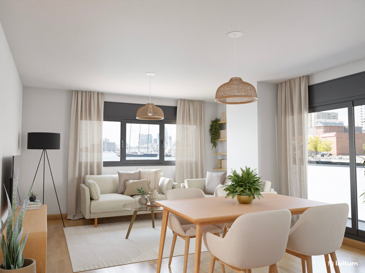 Salón comedor de piso en alquiler, de estilo nórdico con detalles en fibras naturales