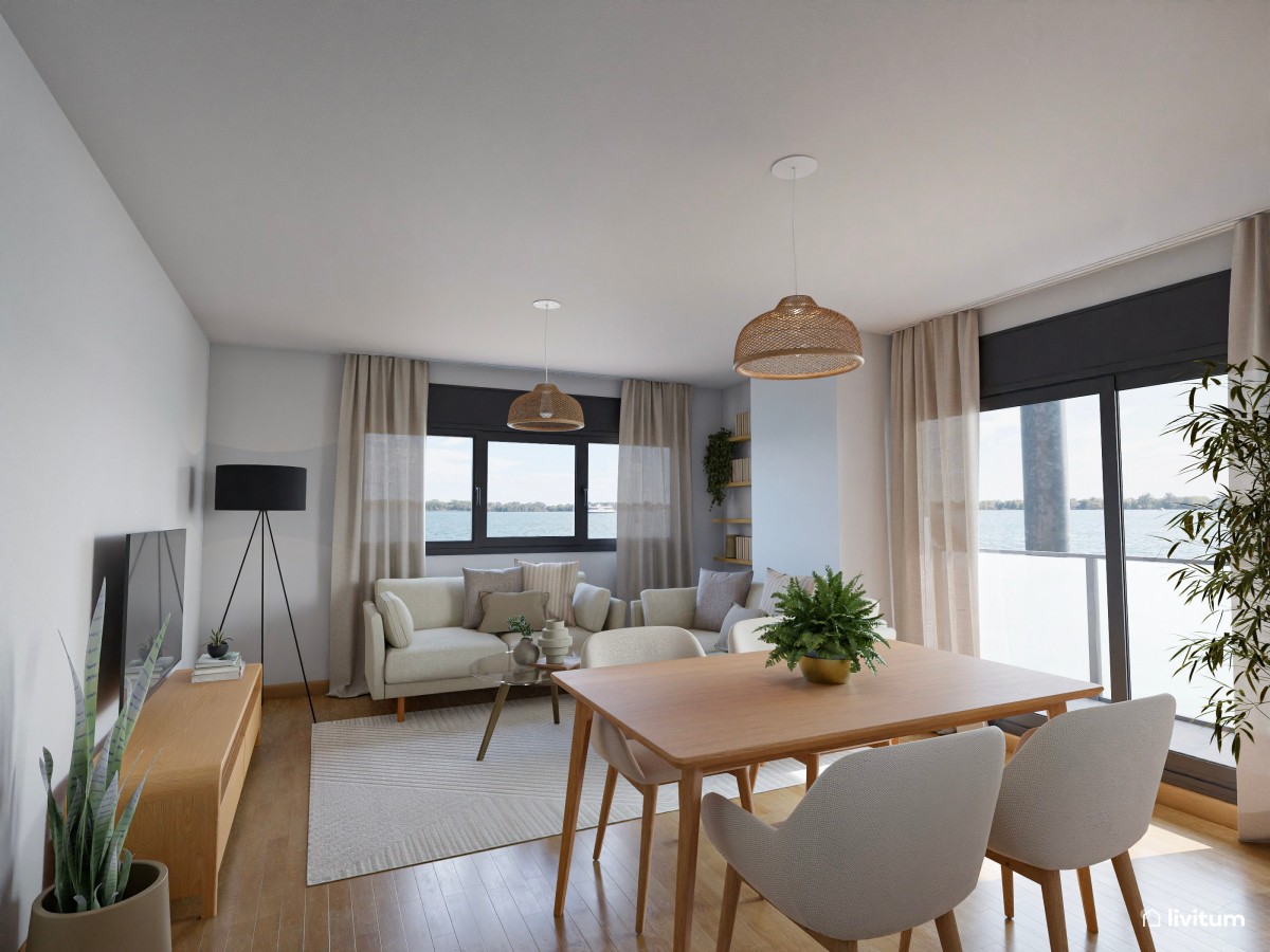 Salón comedor de piso en alquiler, de estilo nórdico con detalles en fibras naturales