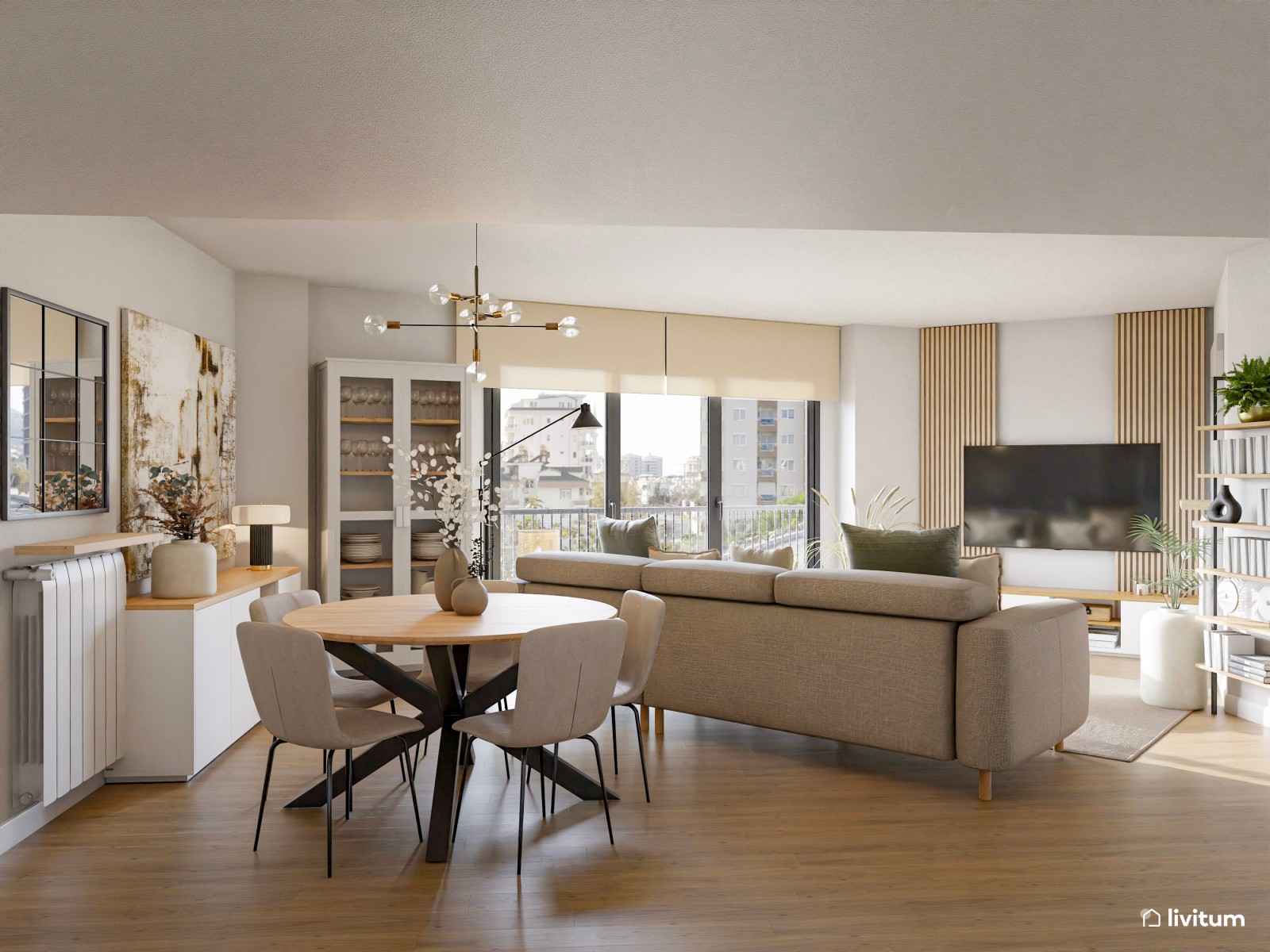 Salón comedor de planta irregular con cocina abierta de estilo industrial