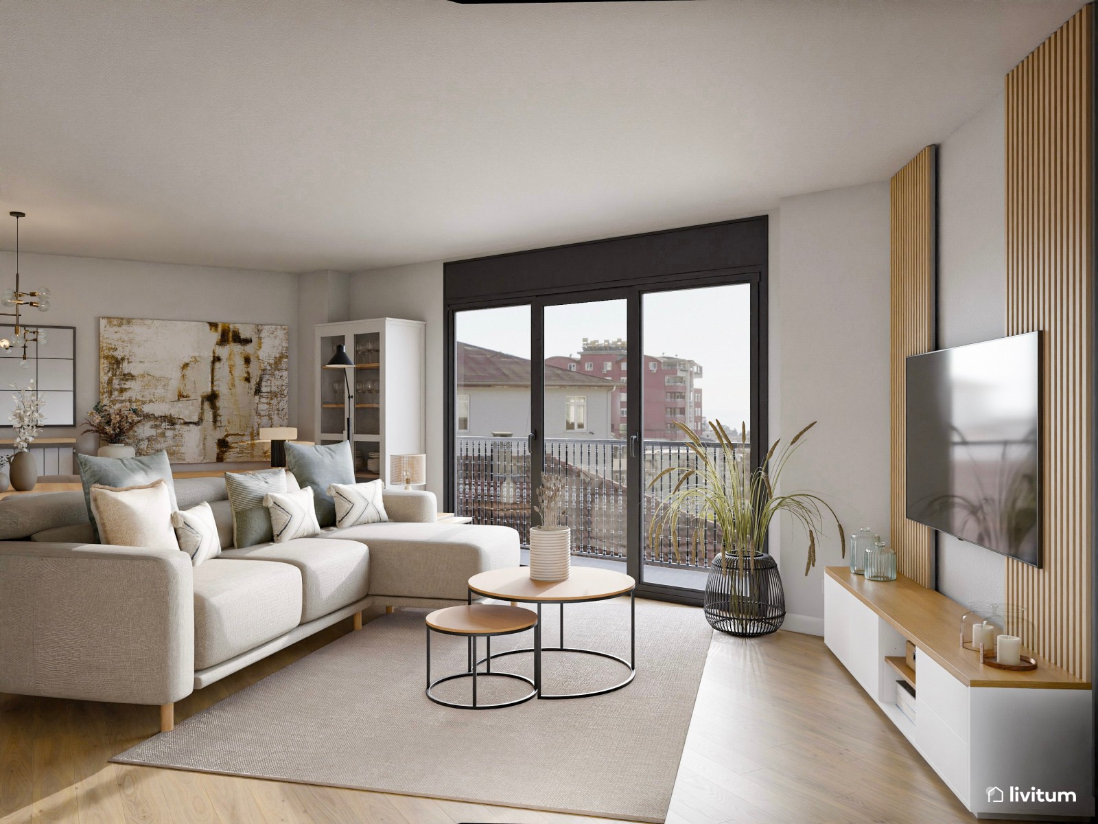 Salón comedor de planta irregular con cocina abierta de estilo industrial