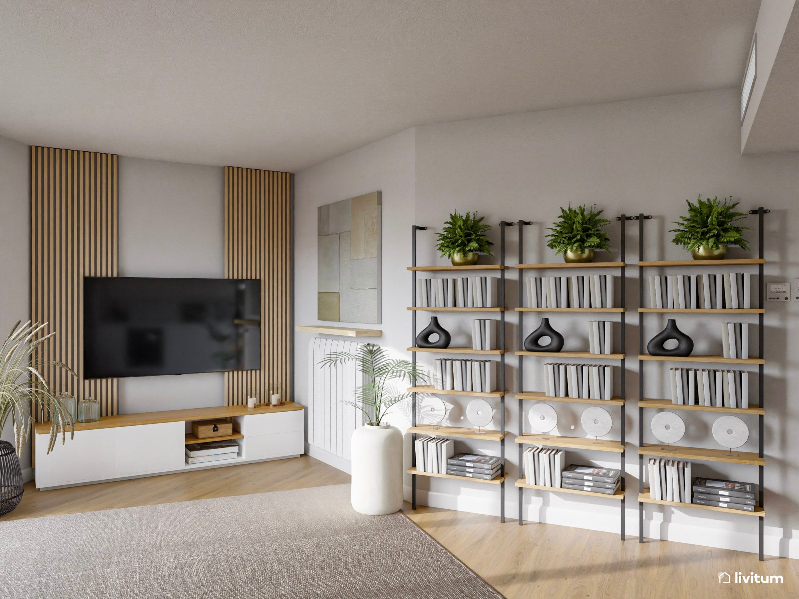 Salón comedor de planta irregular con cocina abierta de estilo industrial