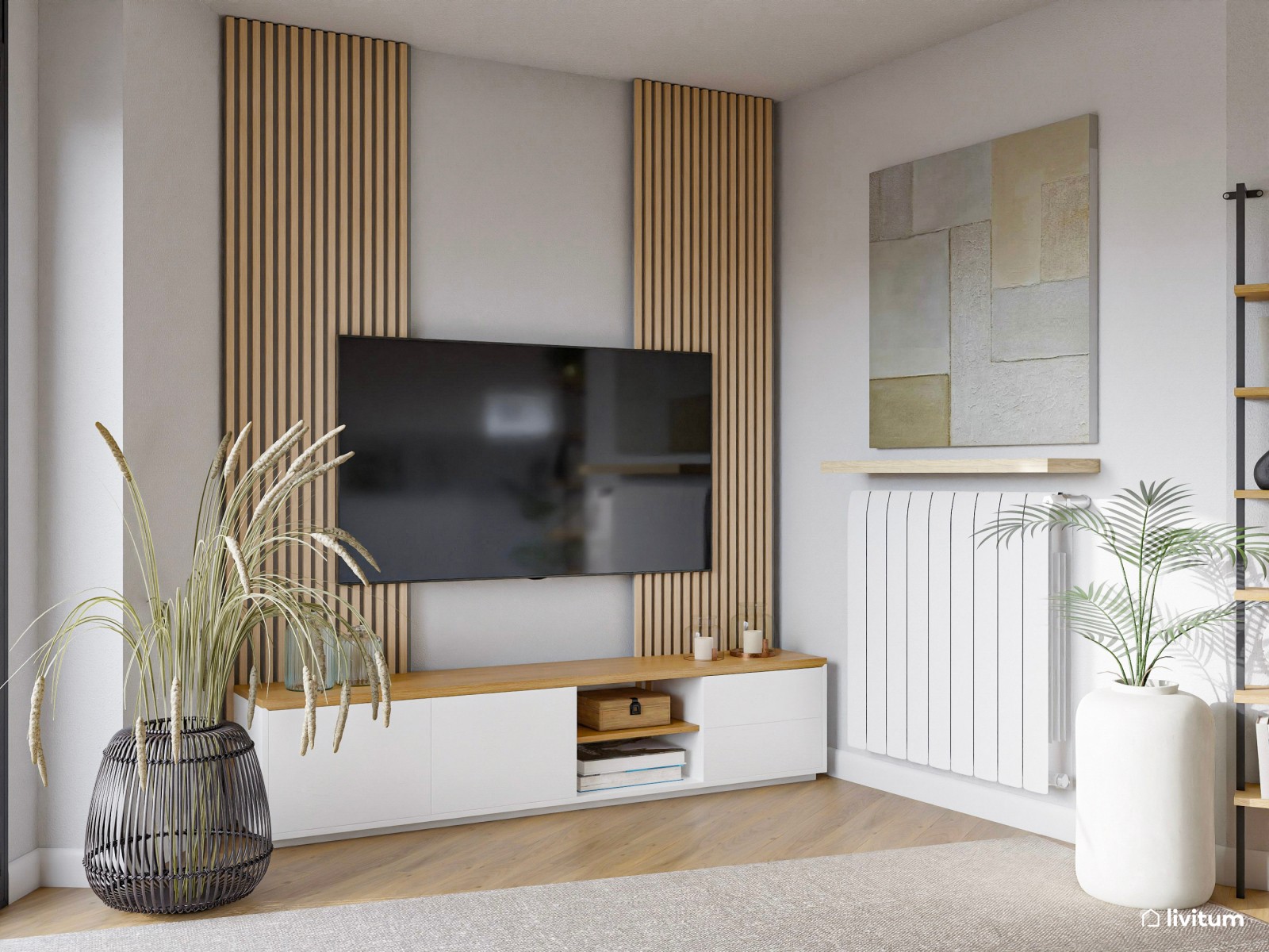 Salón comedor de planta irregular con cocina abierta de estilo industrial